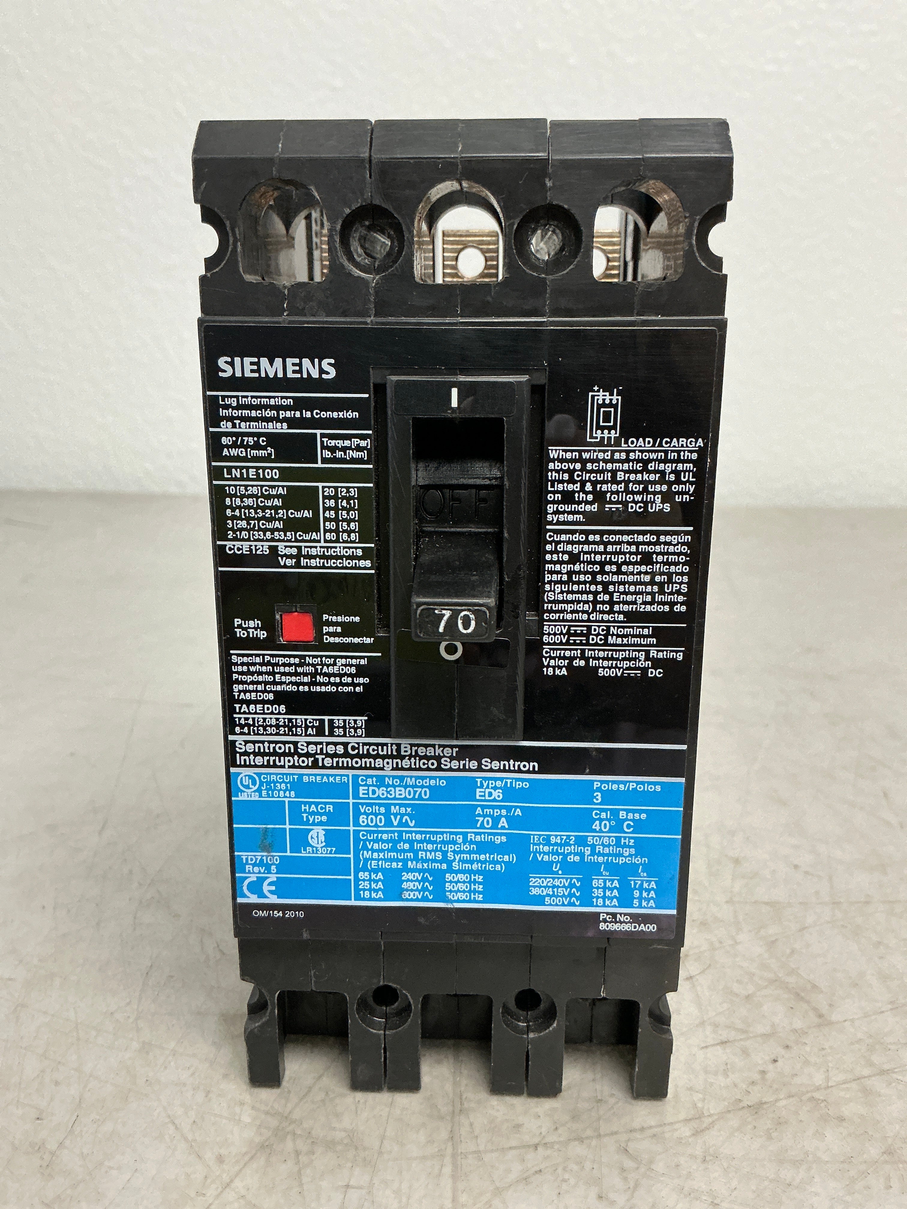 New Siemens ED63B070 3 Pole, 70 Amps, 600 Volts Circuit Breaker
