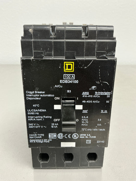 Used Square D EDB34100 3 Pole, 100 Amps, 480/277 Volts