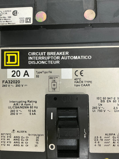 Used Square D FA32020 3 Pole, 20 Amps, 240 Volts