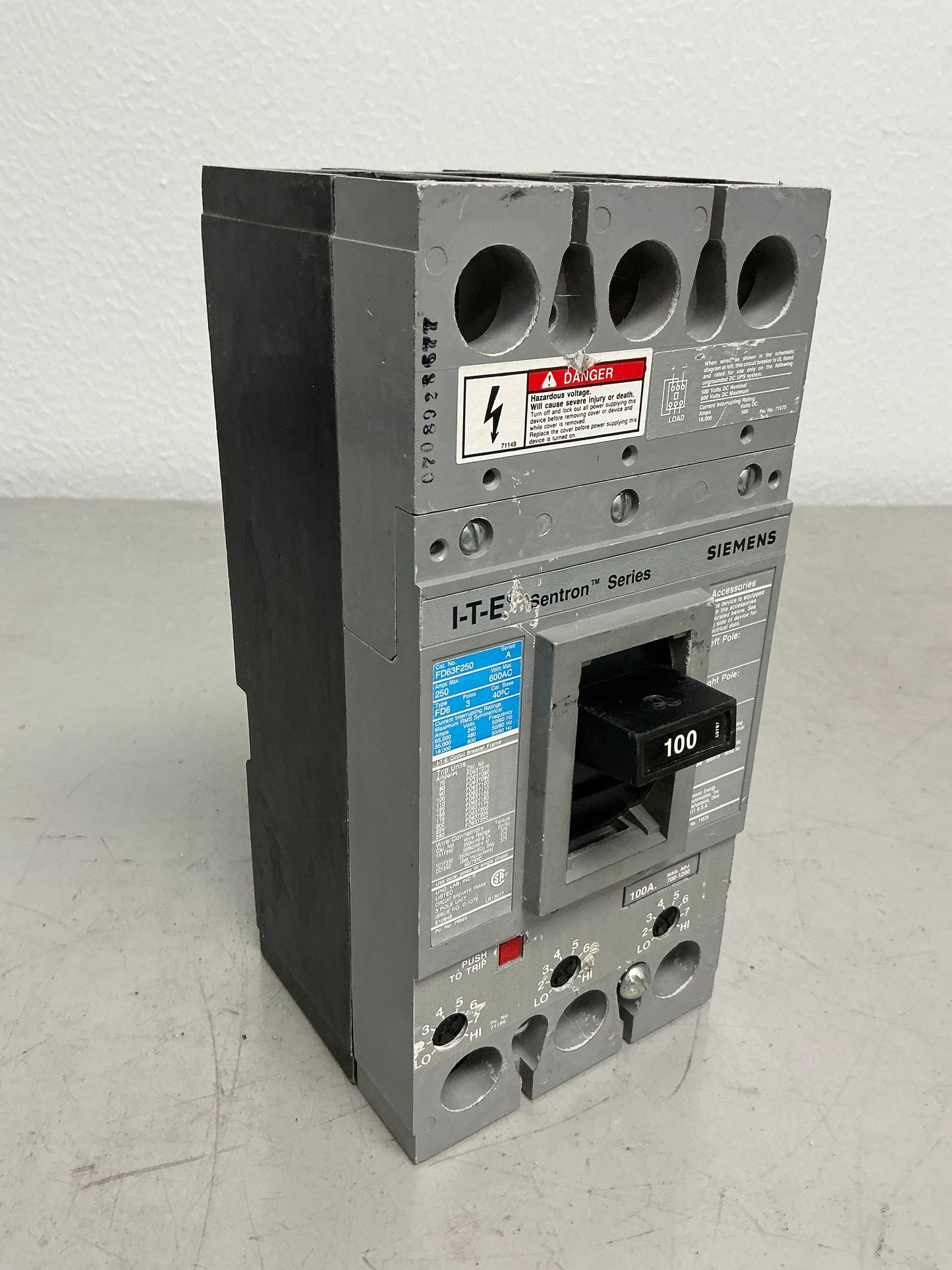 Used Siemens FD63B100 100 Amps, 3 Pole, 600 Volts Breaker
