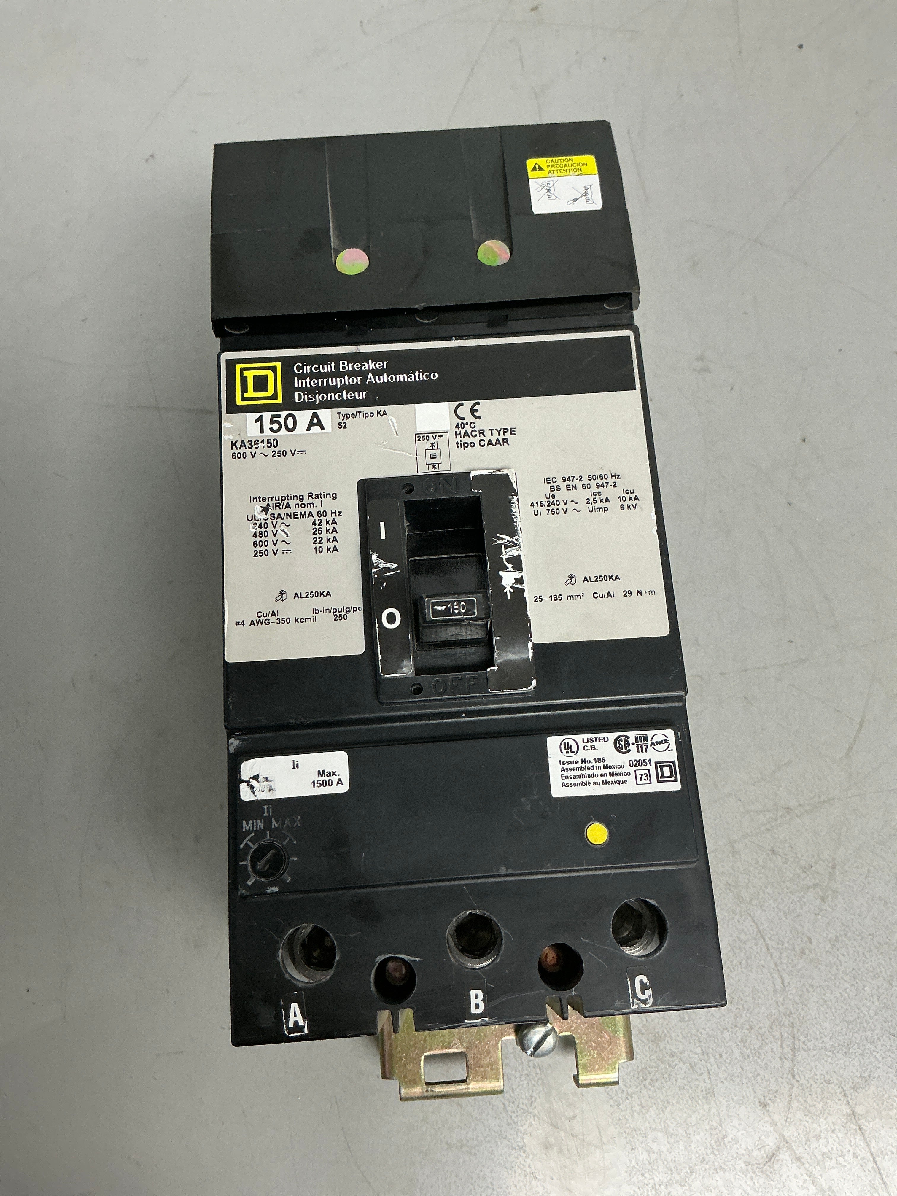 Used Square D KA36150 3 Pole, 150 Amps, 600 Volts Circuit Breaker