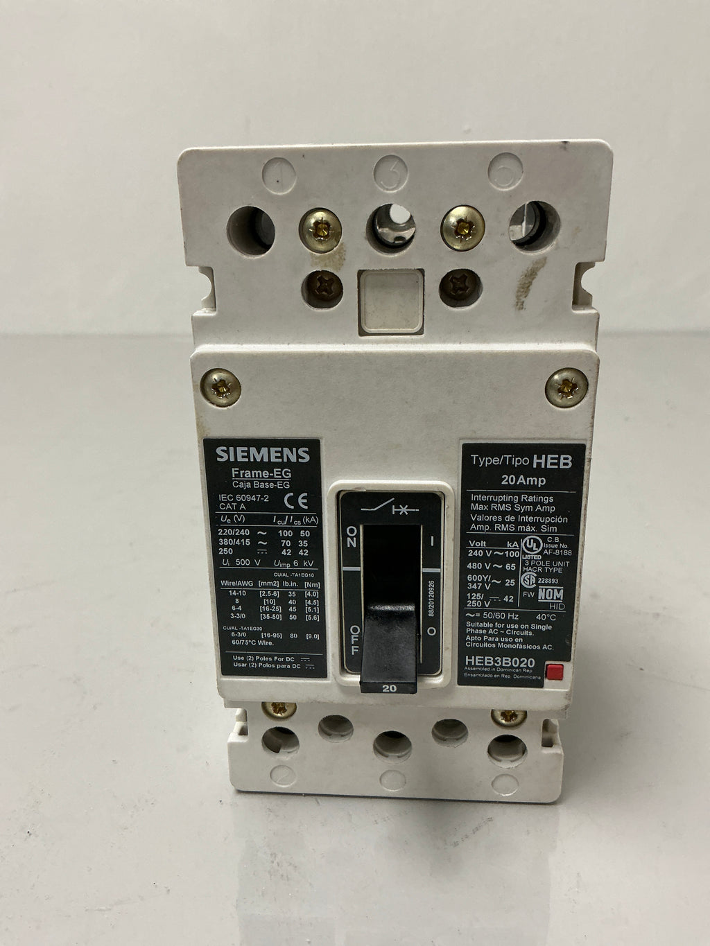 Used Siemens HEB3B020 3 Pole, 20 Amps,  240 Volts Circuit Breaker