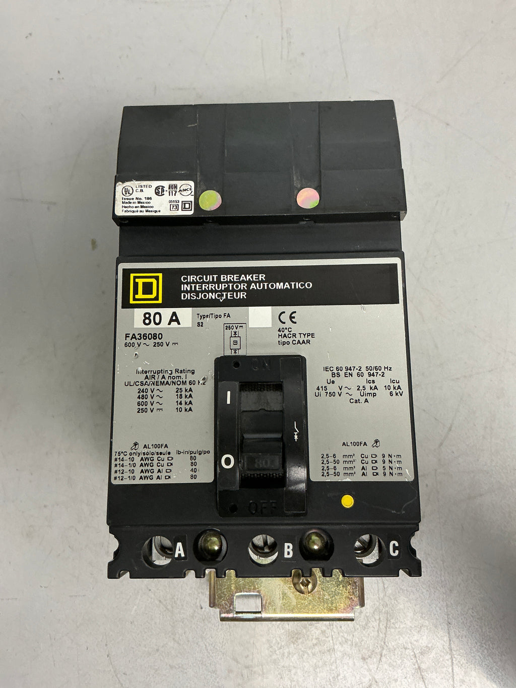 Used Square D FA36080 3 Pole, 80 Amps, 480 Volts