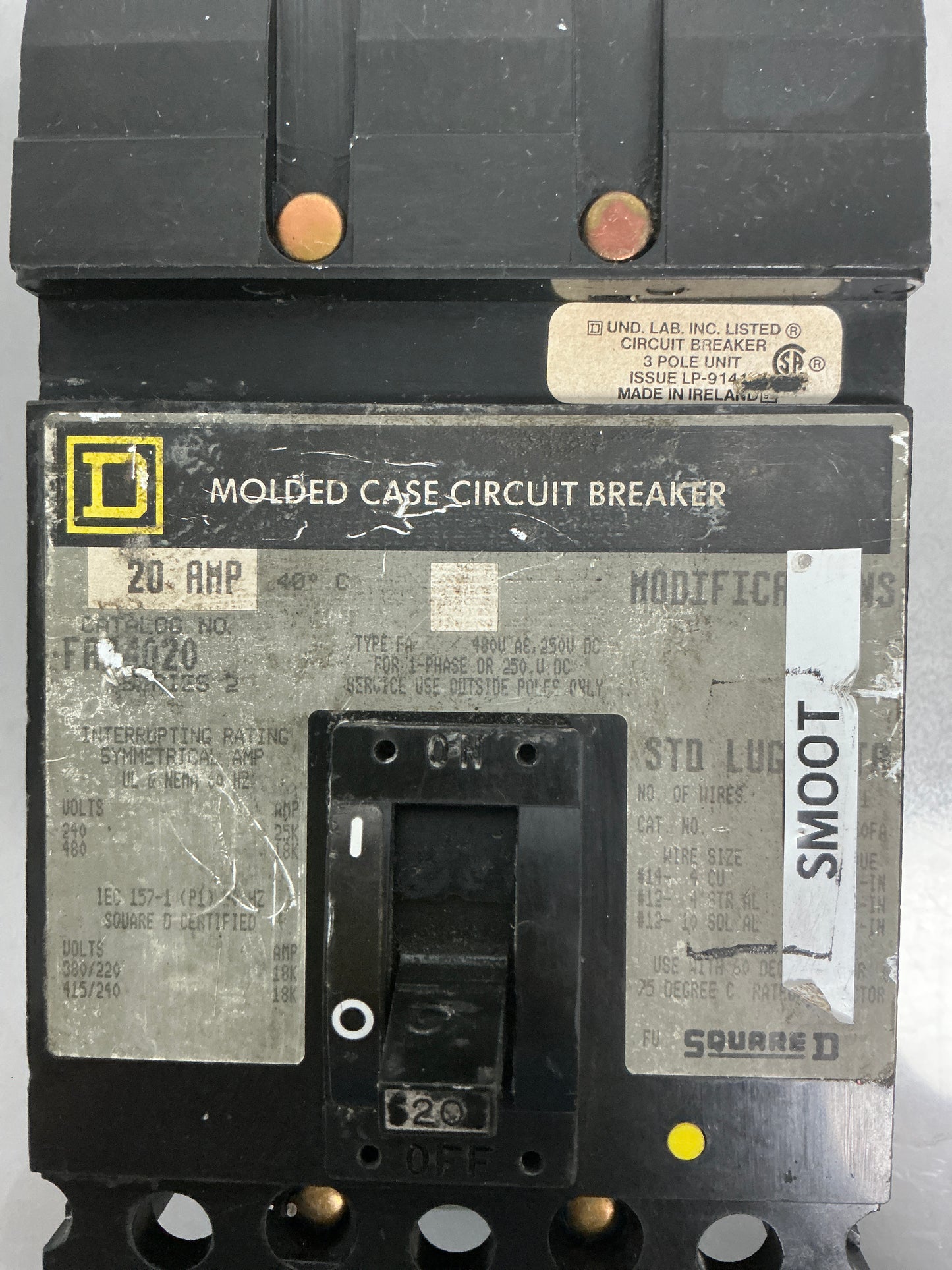 Used Square D FA34020 3 Pole, 20 Amps, 480 Volts