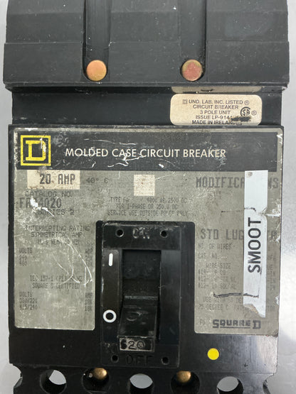 Used Square D FA34020 3 Pole, 20 Amps, 480 Volts