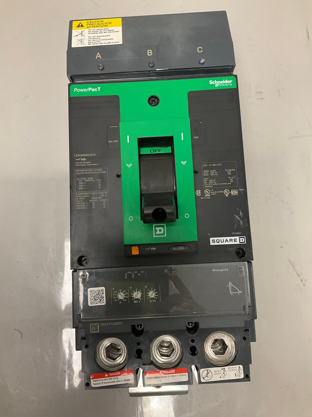 Used Square D LDA36400U31X 3 Pole, 400 Amps, 600 Volts Circuit Breaker