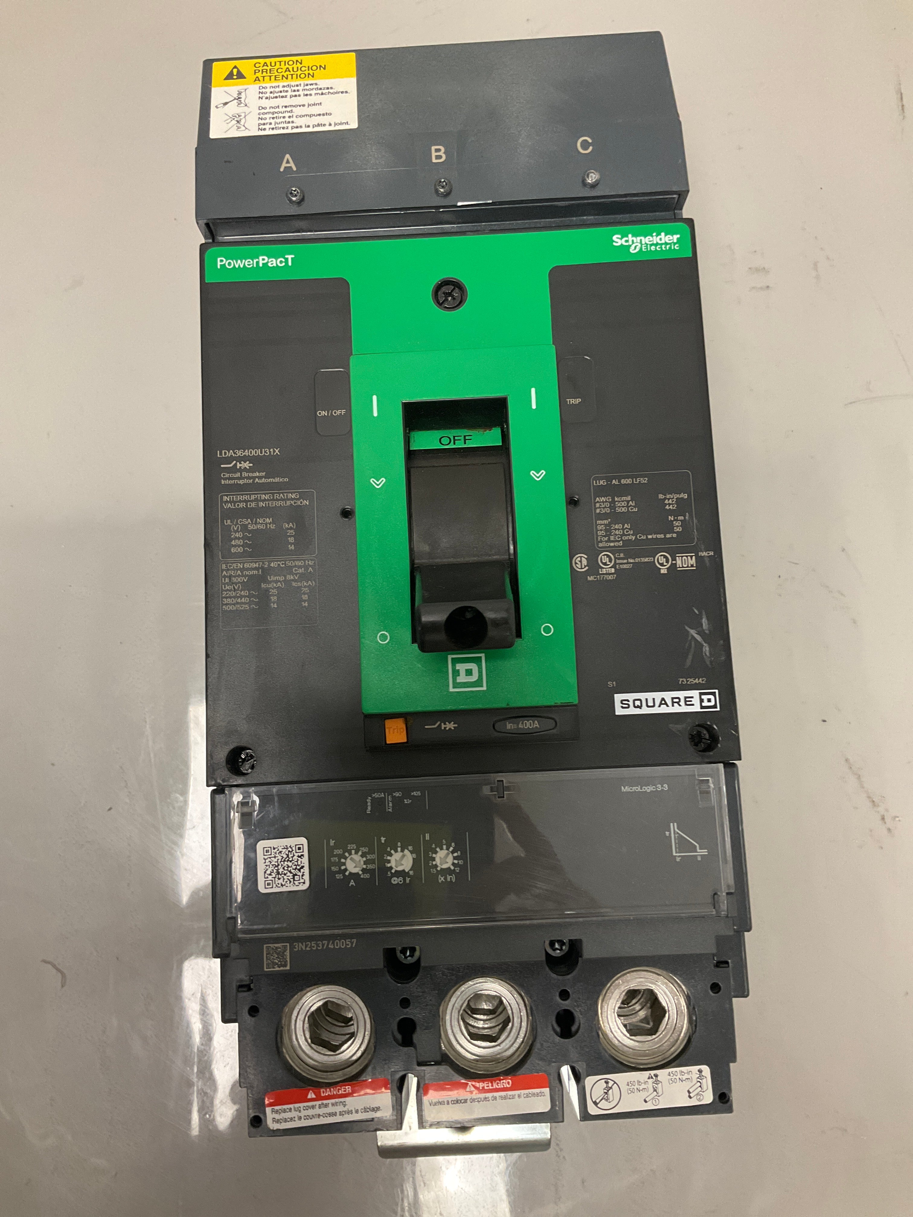 Used Square D LDA36400U31X 3 Pole, 400 Amps, 600 Volts Circuit Breaker