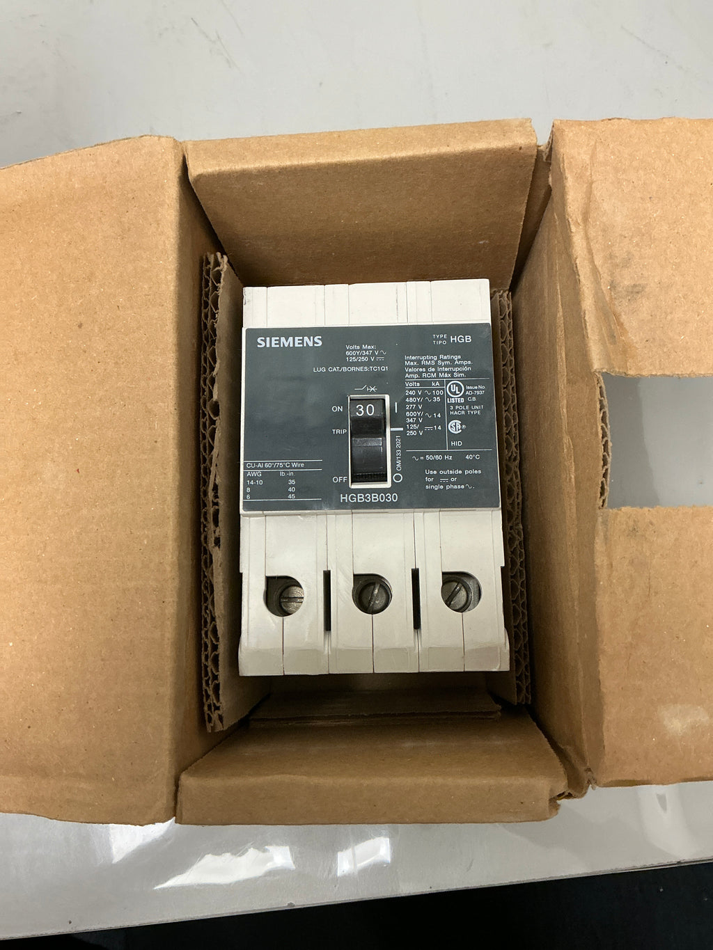 New Siemens HGB3B030 3 Pole, 30 Amps, 480 Volts Circuit Breaker