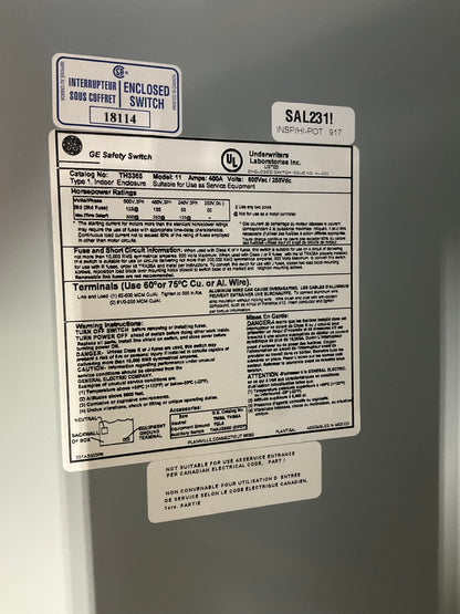 Used GE TH3365 Disconnect 400 Amp 600 Volt Fusible Indoor