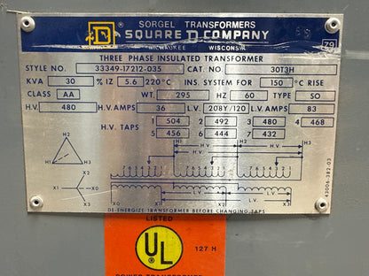30 KVA Transformer, Primary 480, Seconday 208/120 Volts (item#t2)