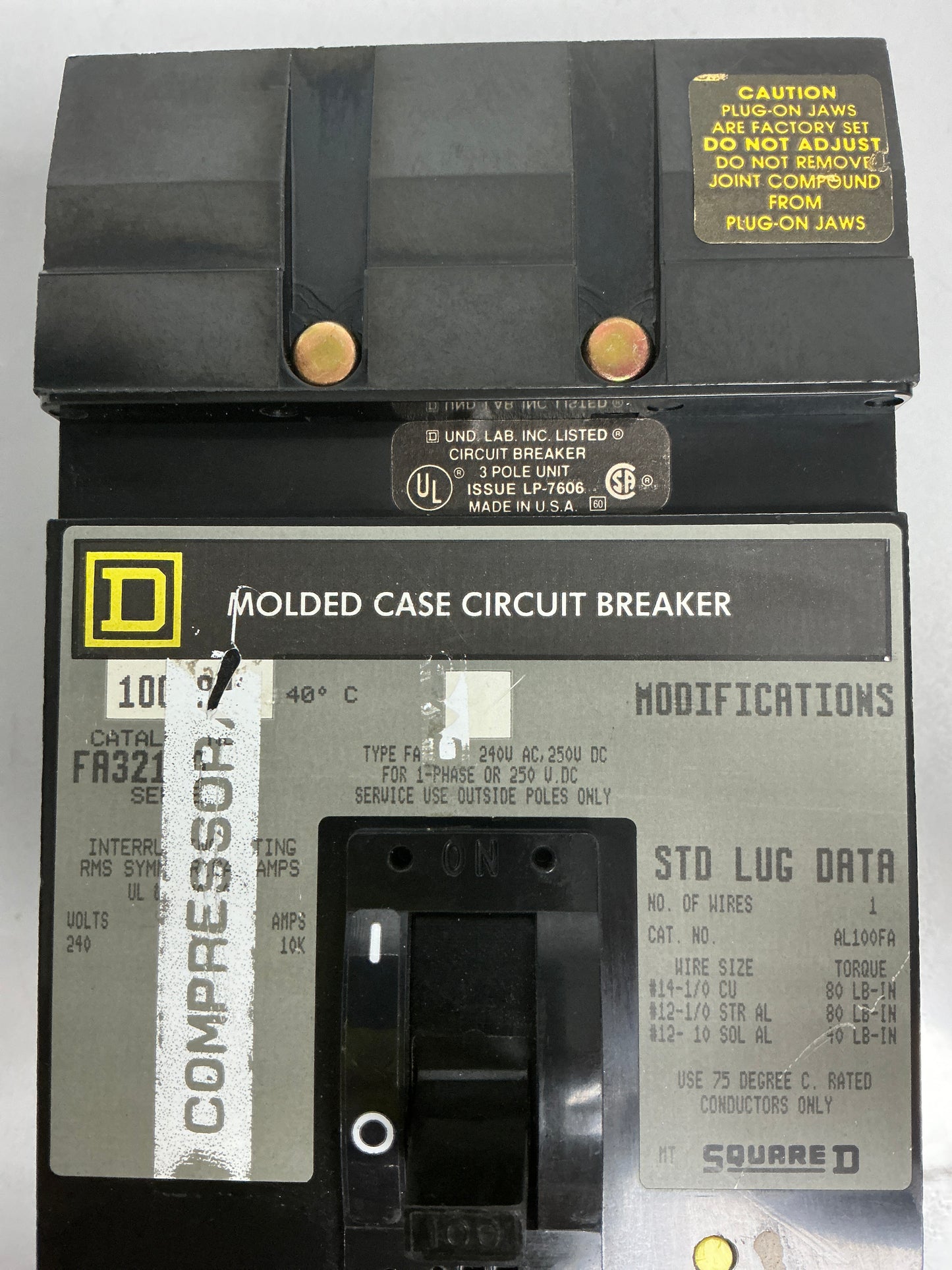 Used Square D FA32100 3 Pole, 100 Amps, 240 Volts