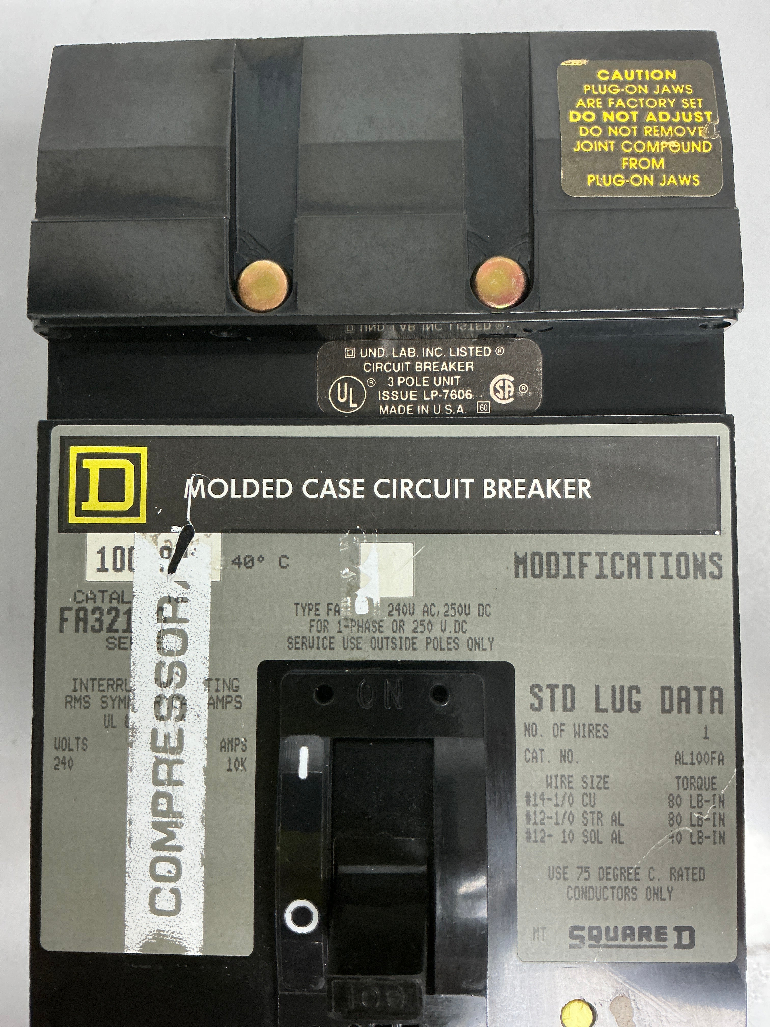 Used Square D FA32100 3 Pole, 100 Amps, 240 Volts