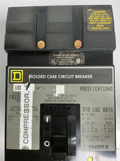 Used Square D FA32100 3 Pole, 100 Amps, 240 Volts