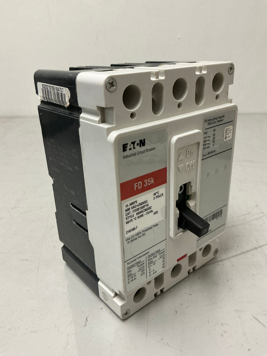 New Eaton FD3015BP10 3 Pole, 15 Amps, 600 Volts Circuit Breaker