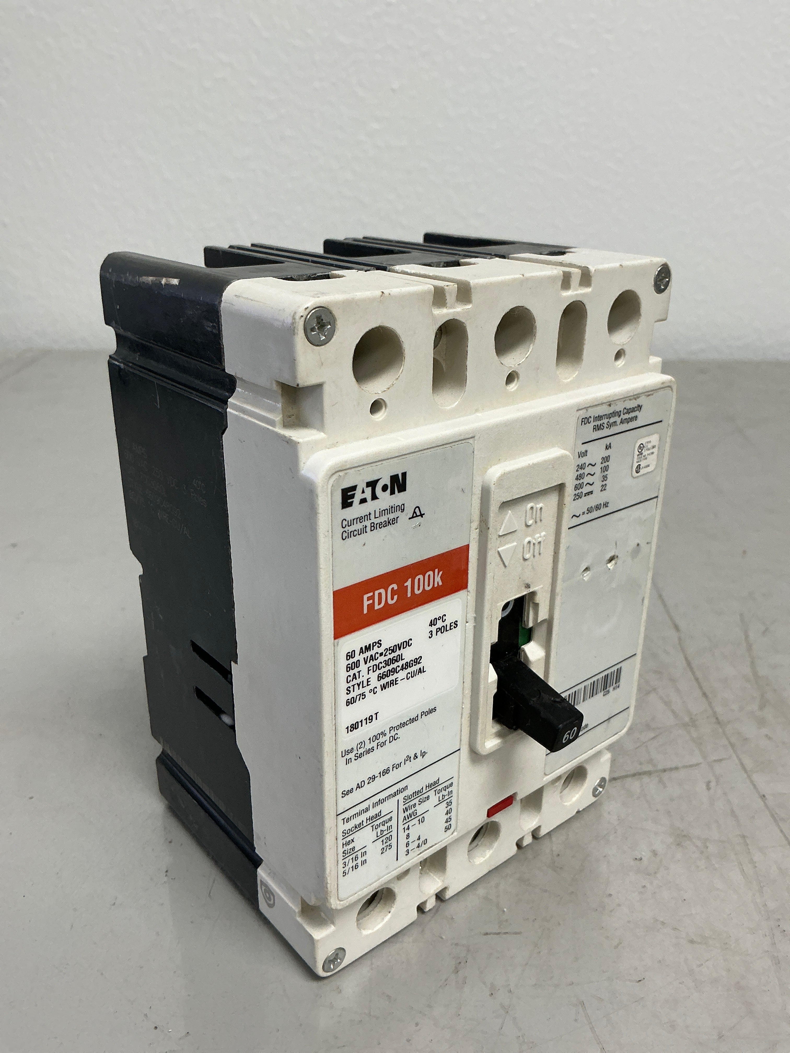 Used Eaton FDC3060L 3 Poles, 60 Amps, 600 Volts