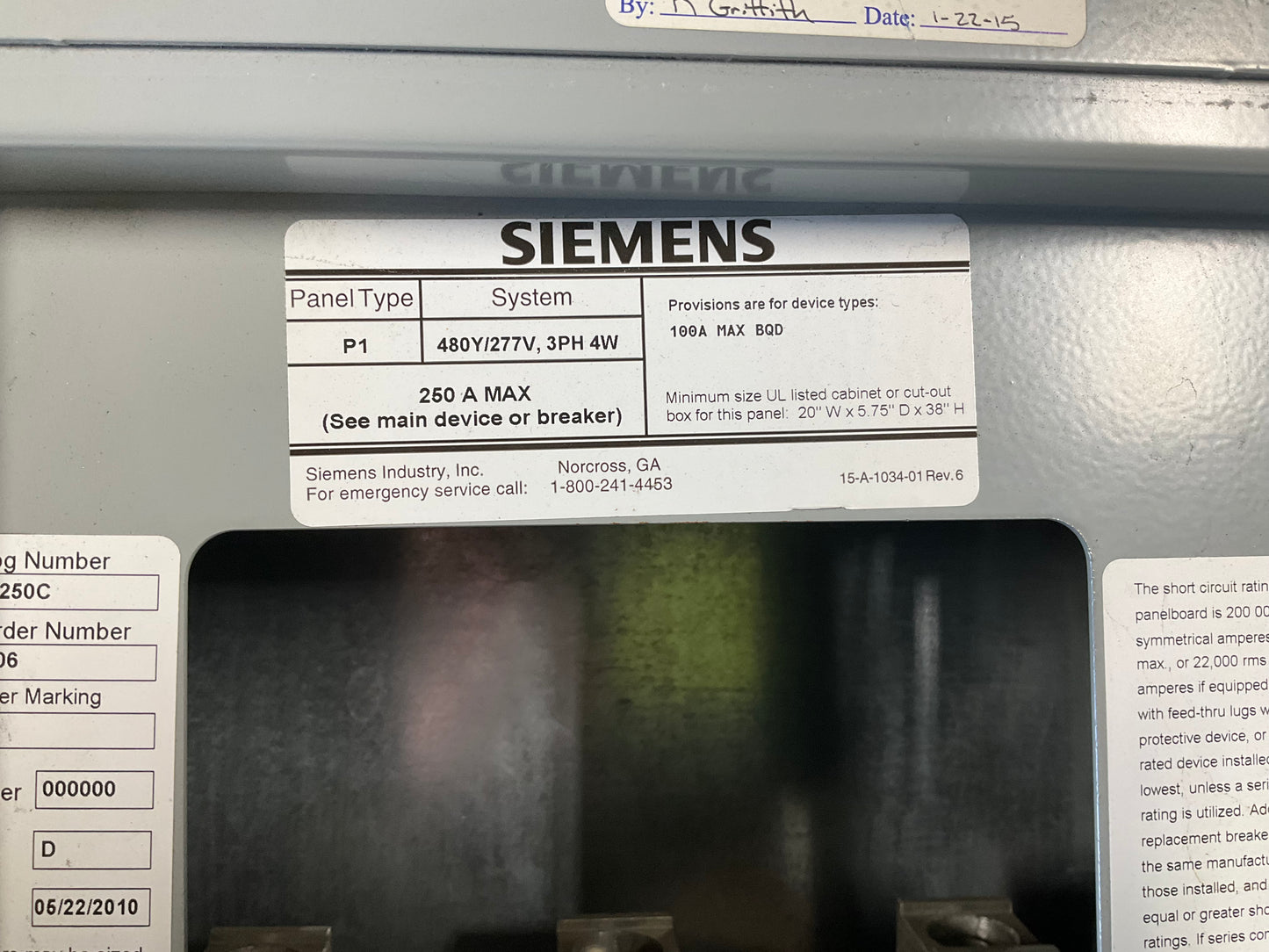 Used Siemens Panelboard 480 Volt 100 Amp Main Lug 30 Circuit (item#p10)