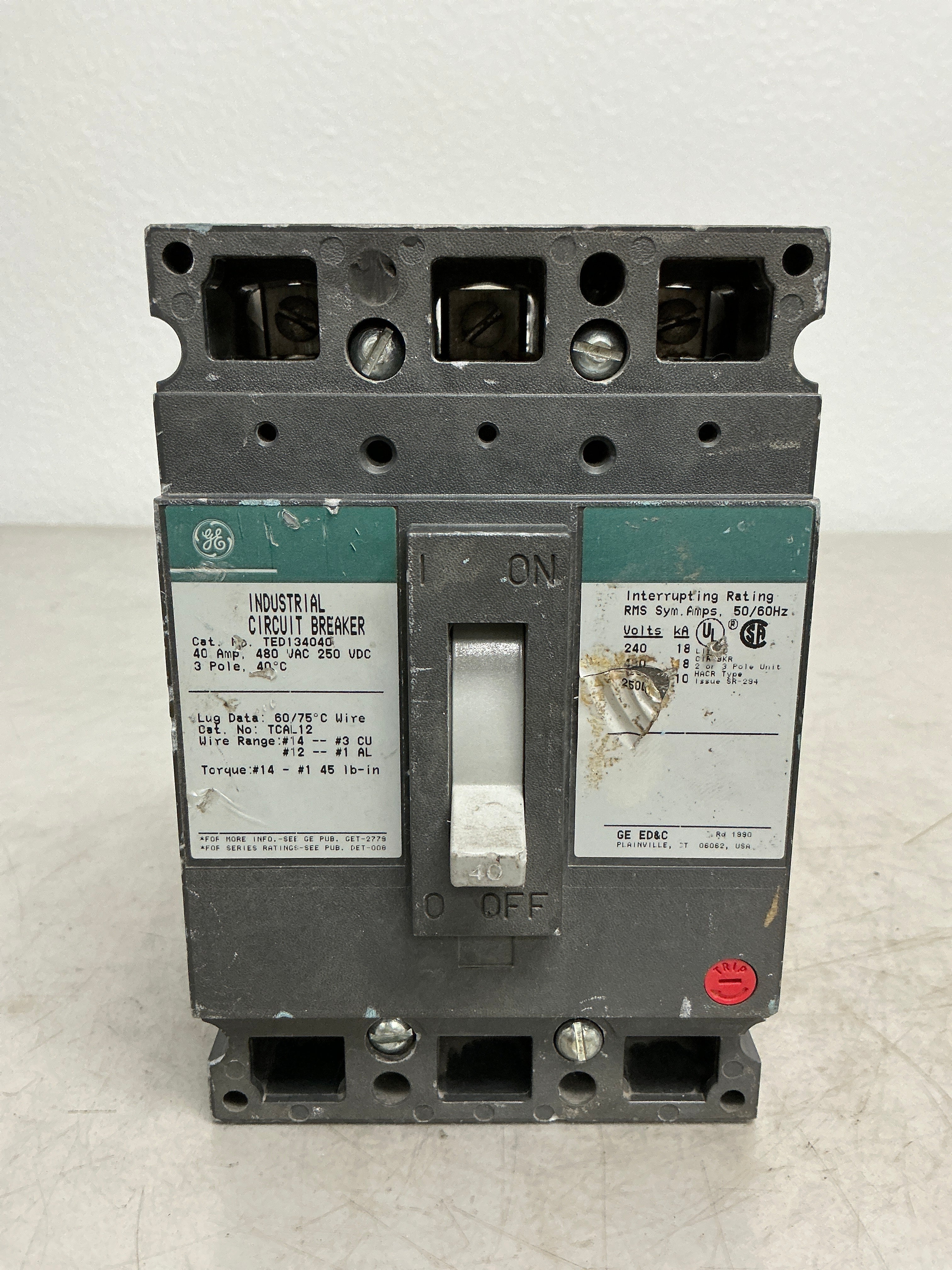 Used TED134040 3 Pole, 40 Amps, 480 Volts Circuit Breaker