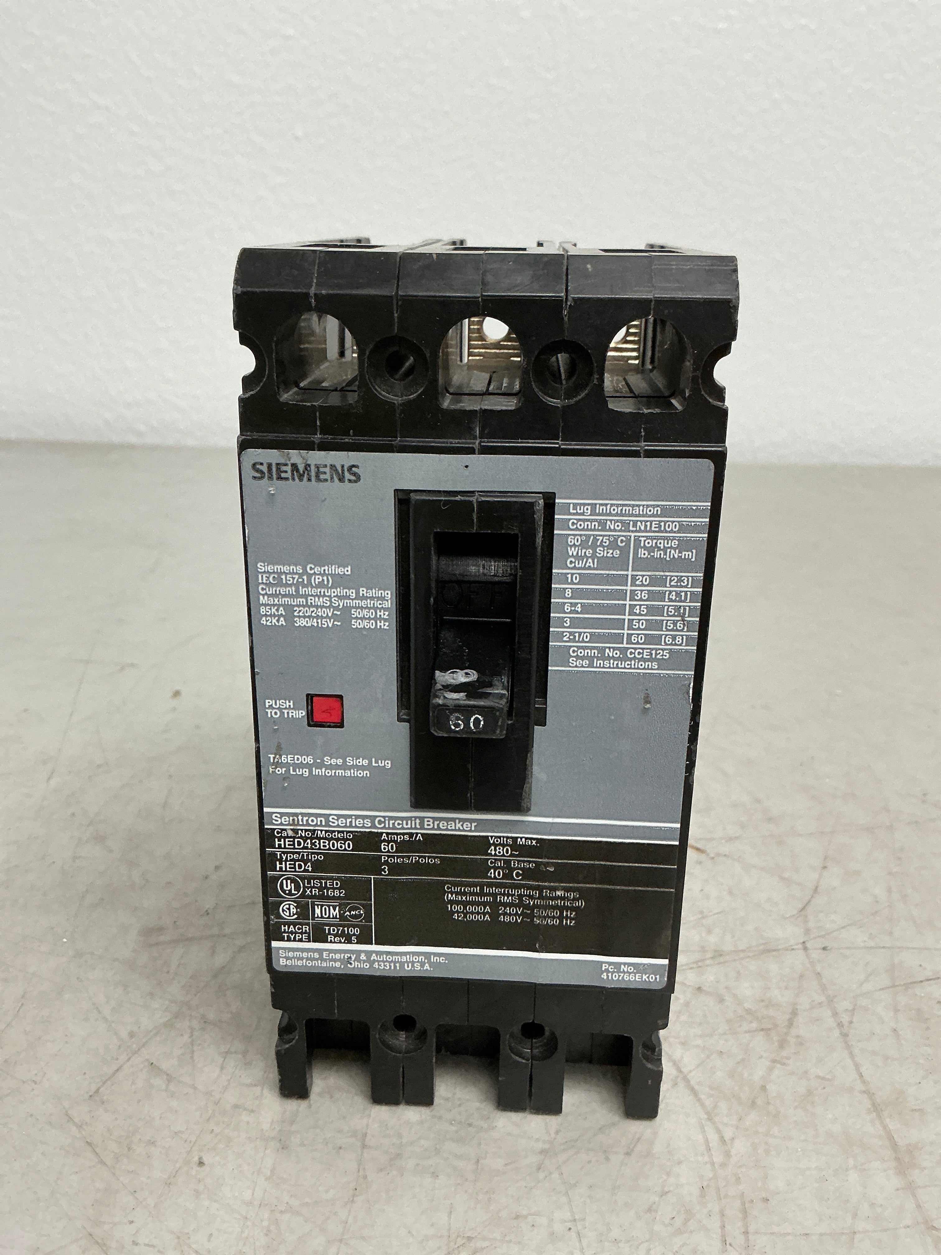 Used Siemens HED43B060 3 Pole, 60 Amps, 480 Volts  Circuit breaker