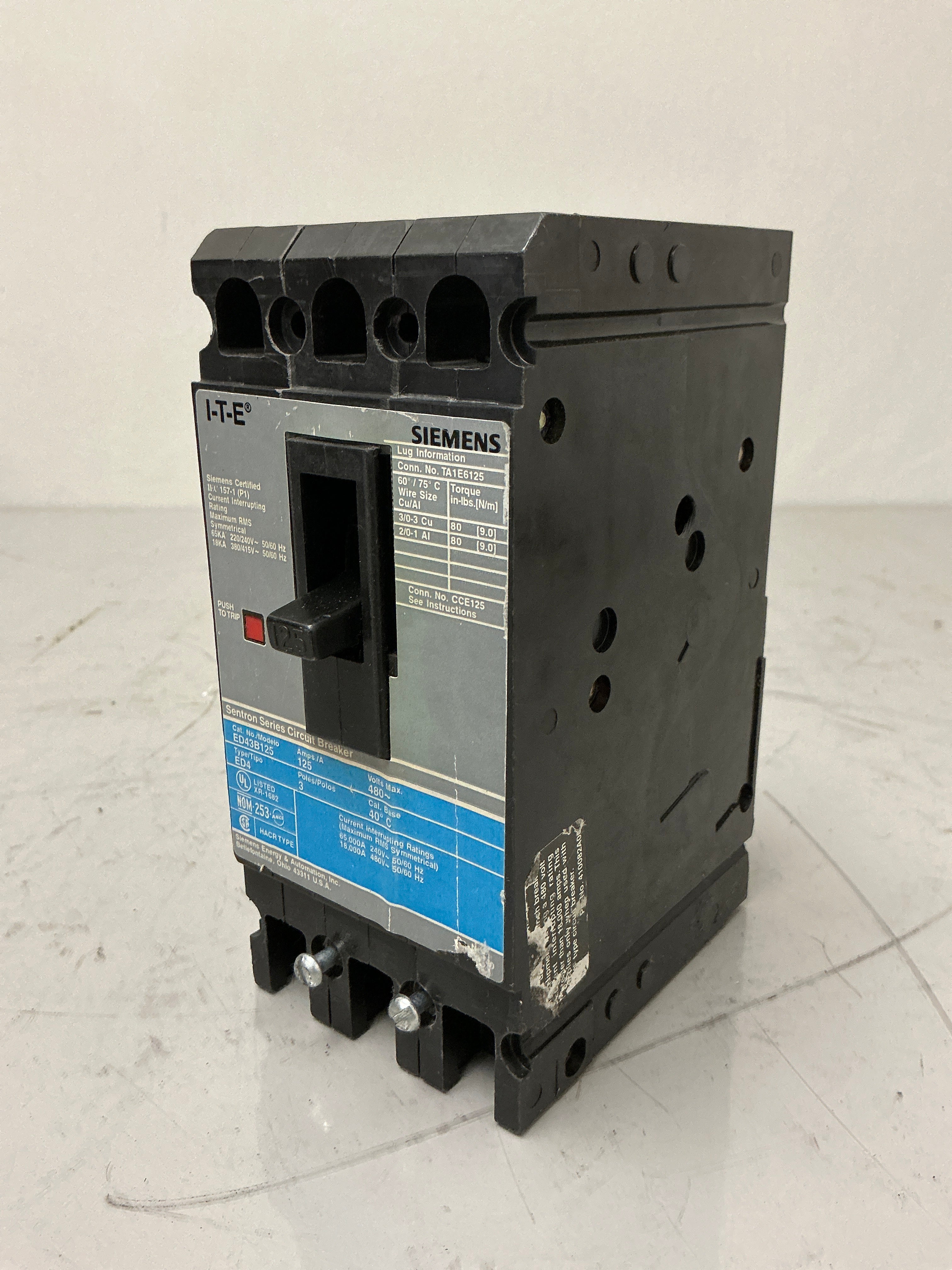Used Siemens ED43B125 3 Pole, 125 Amps, 480 Volts Circuit Breaker