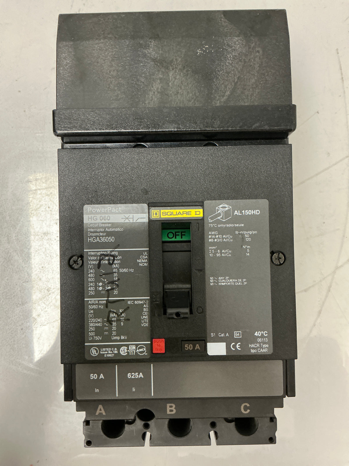 Used Square D HGA36050 3 Pole, 50 Amps, 480 Volts Circuit Breaker