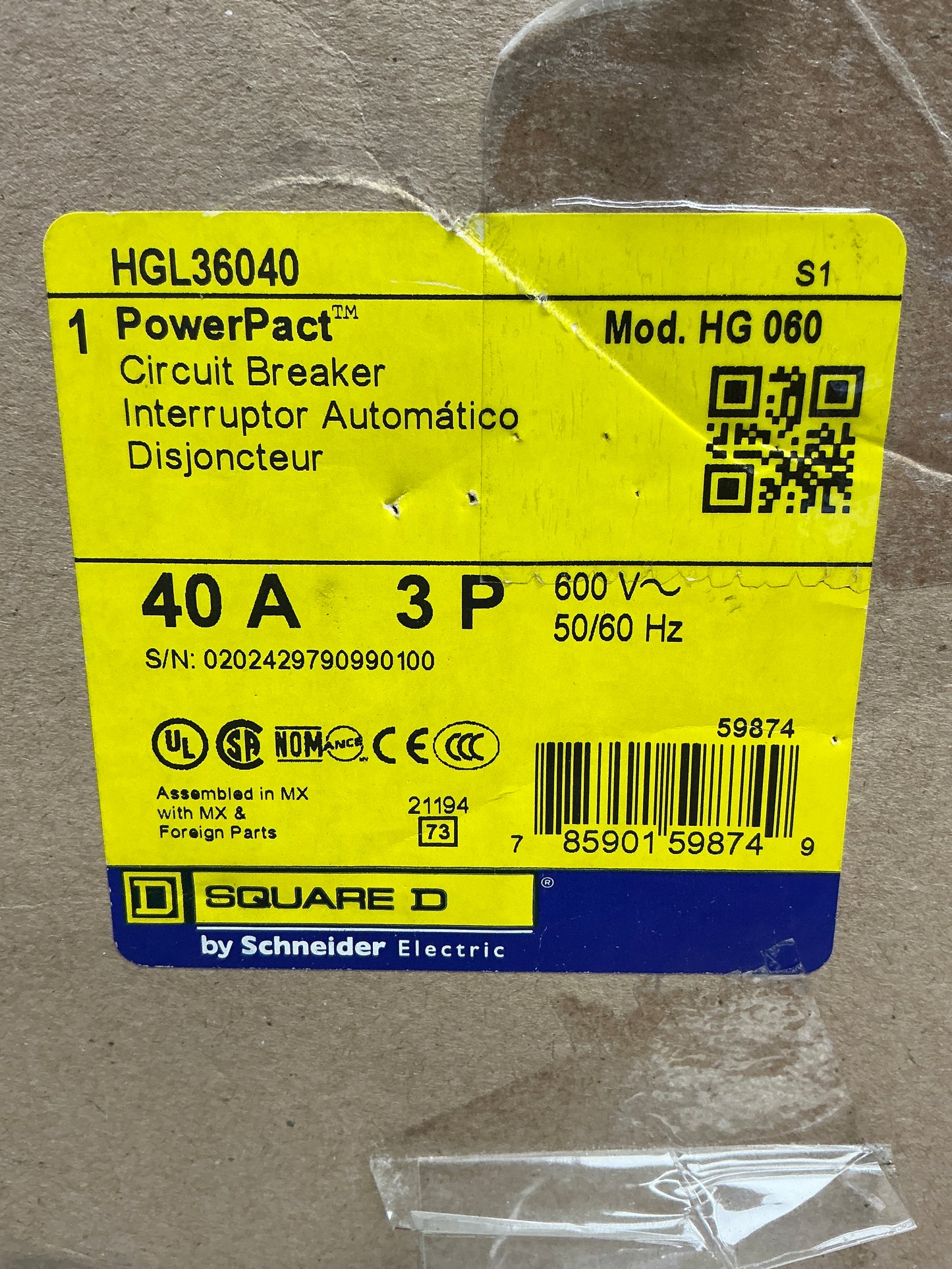 New Square D HGL36040 3 Pole, 40 Amps