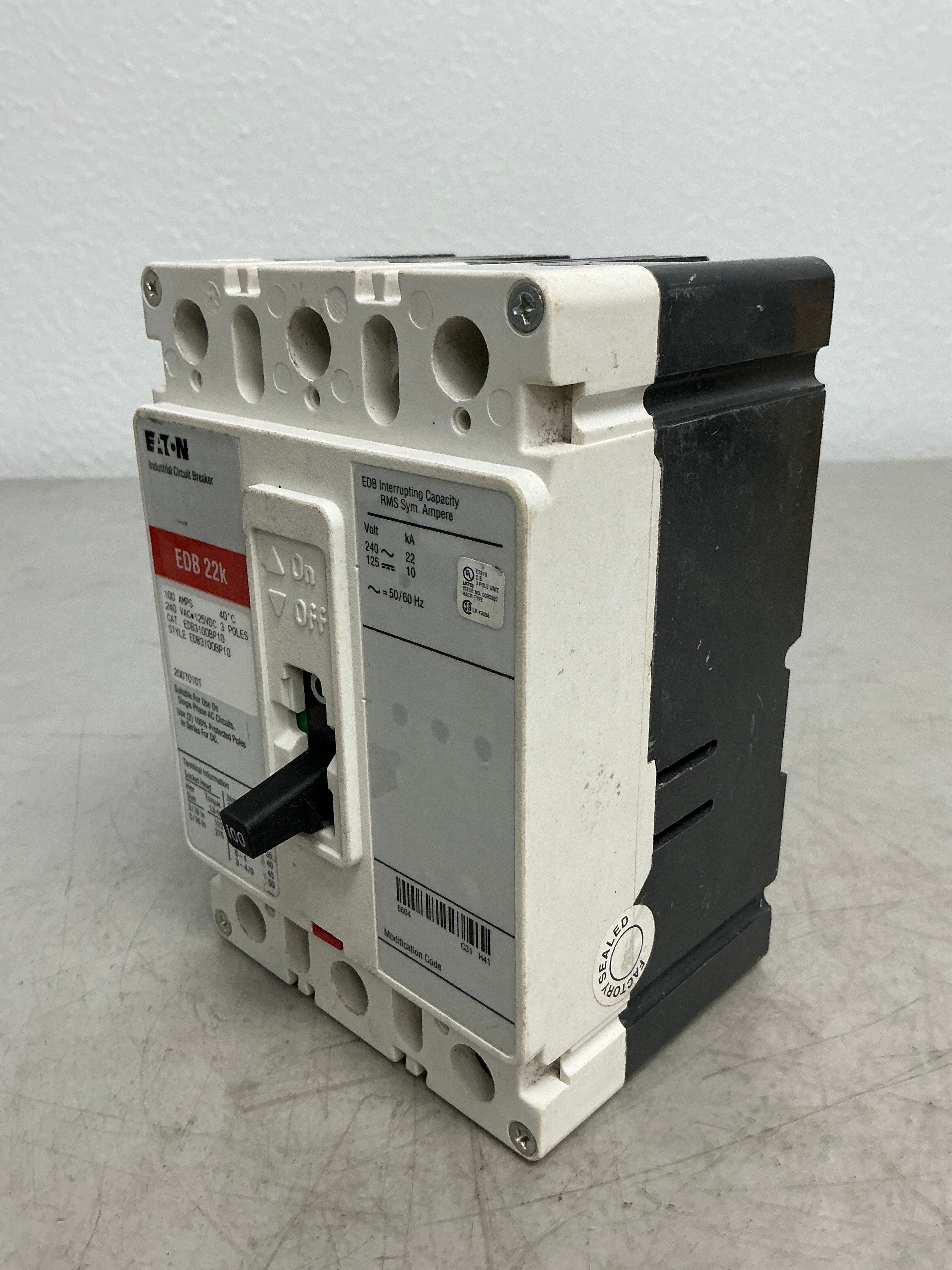 Used Eaton EDB3100BP10 3 Pole, 100 Amps, 240 Volts Circuit Breaker