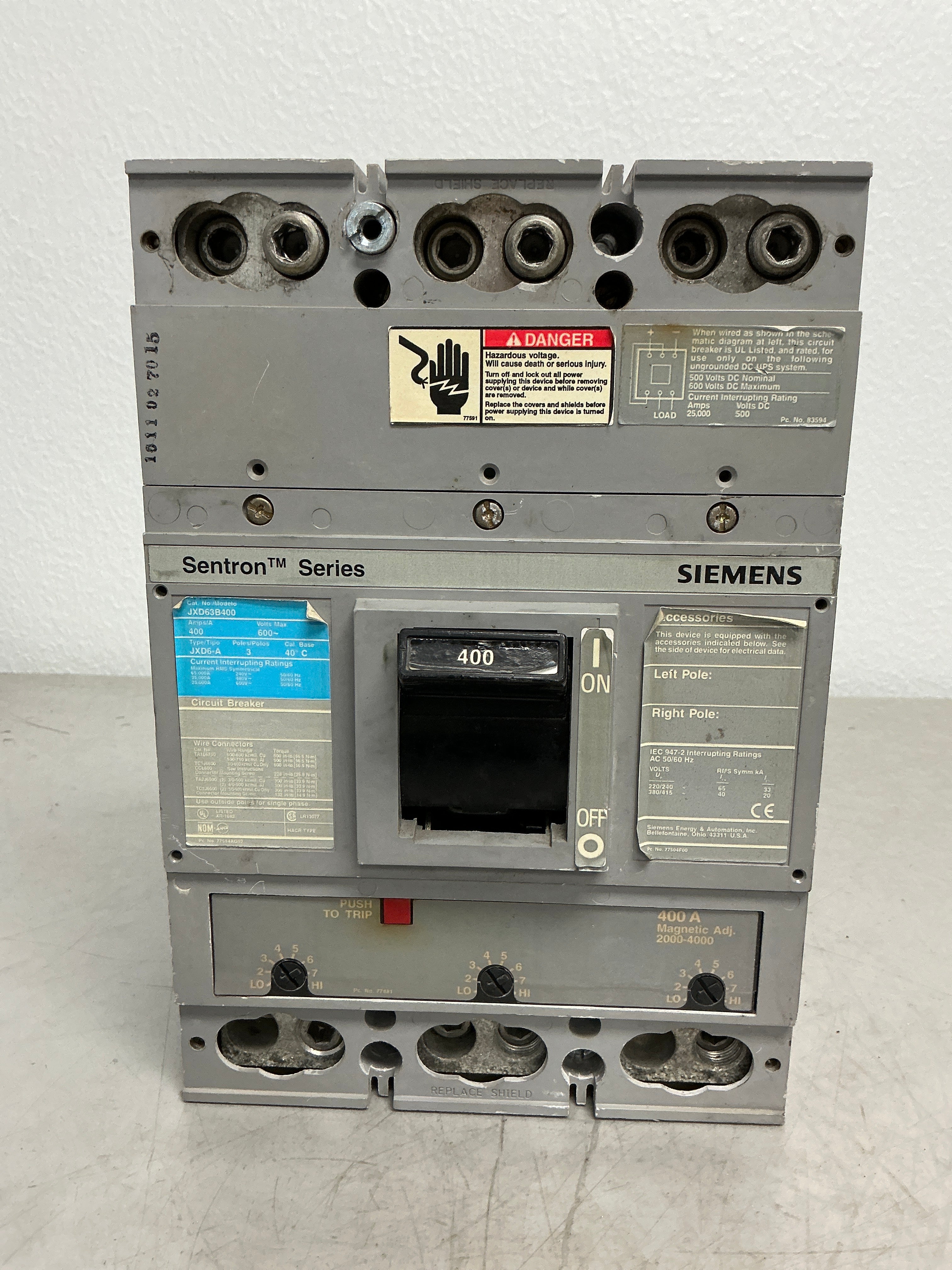 Used Siemens JXD63B400 3 Pole, 400 Amps, 600 Volts Circuit Breaker