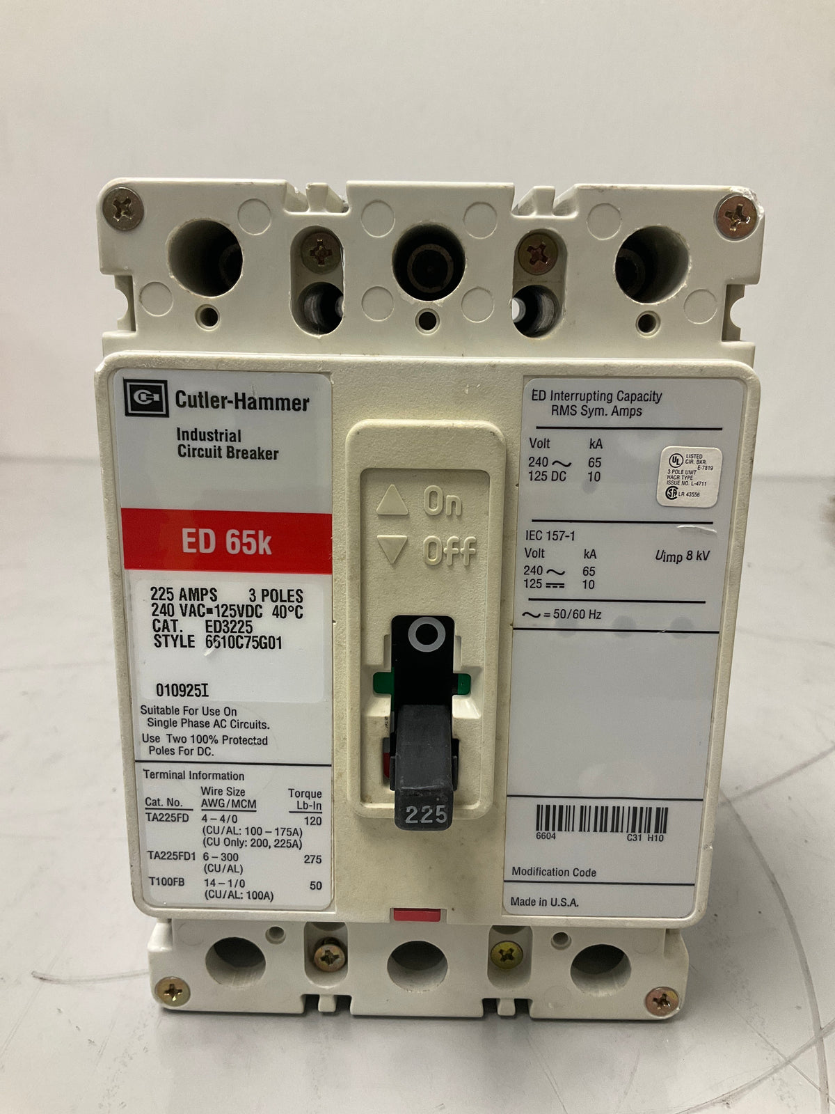Used Eaton ED3225 3 Pole, 225 Amps, 240 Volts Circuit Breaker