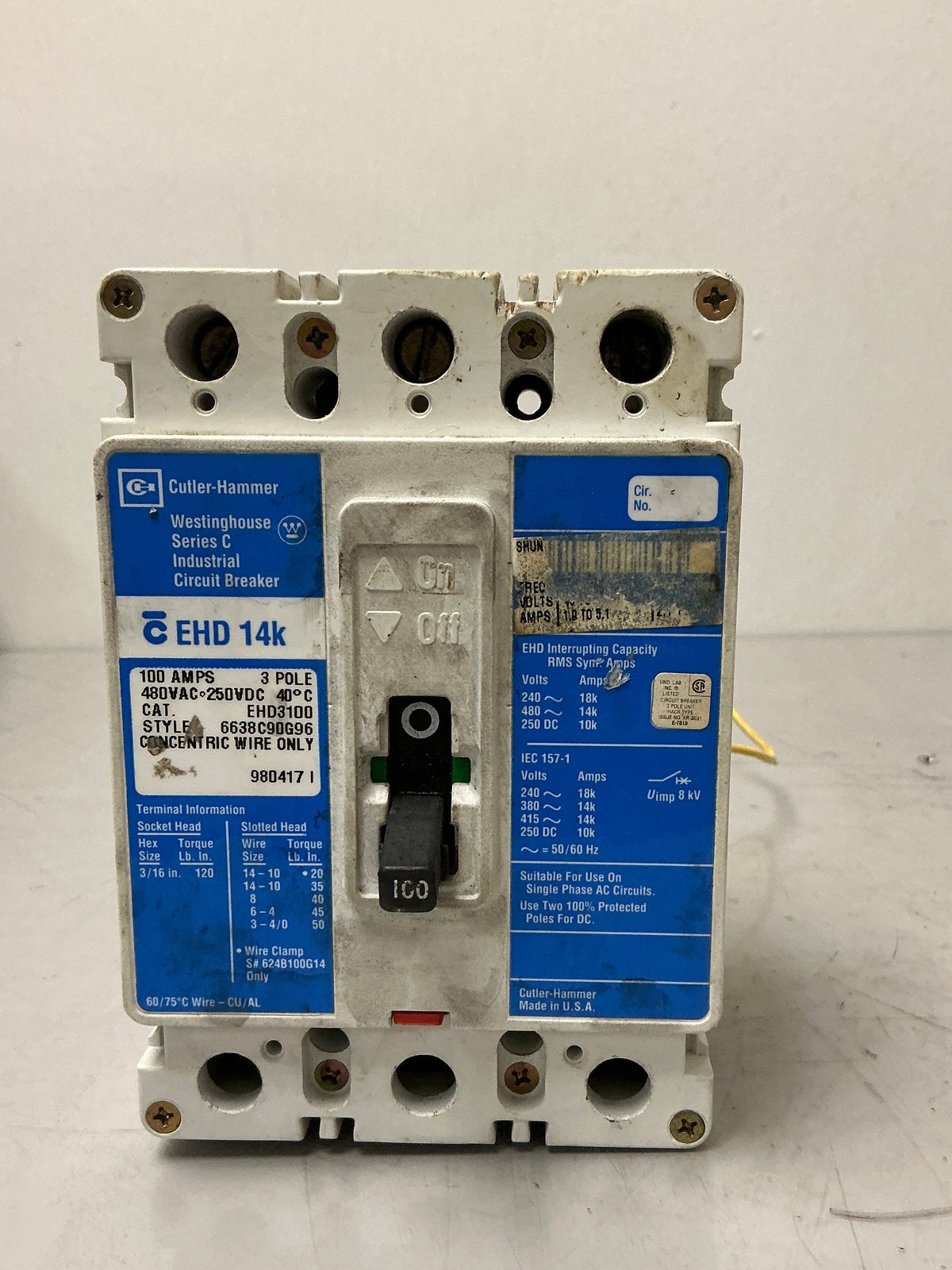 Used Cutler-Hammer EHD3100 whit Shunt trip, 3 Pole, 100 Amps, 480 Volts Circuit Breaker