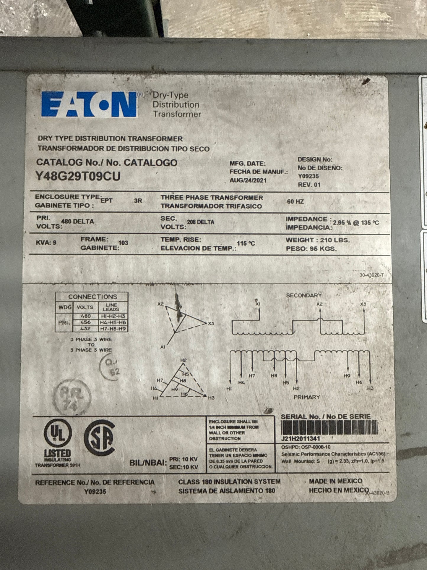 Used 9 KVA Transformer, Primary 480, Seconday 208 Volts, 3R, Outdoor, 3 Phase (item#t10)