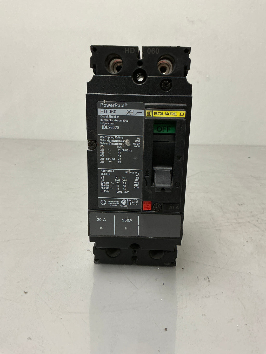 Used Square D HDL26020 2 Pole, 20 Amps, 600 Volts Circuit Breaker
