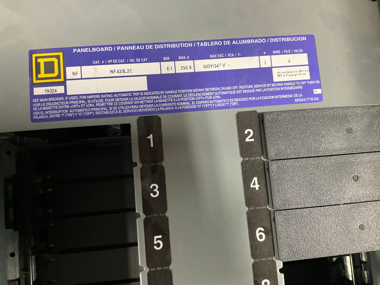 Used Square D Panelboard Main Lug NF430L2 250 Amp 3 Phase 4 Wire 30 Circuit (item#p6)