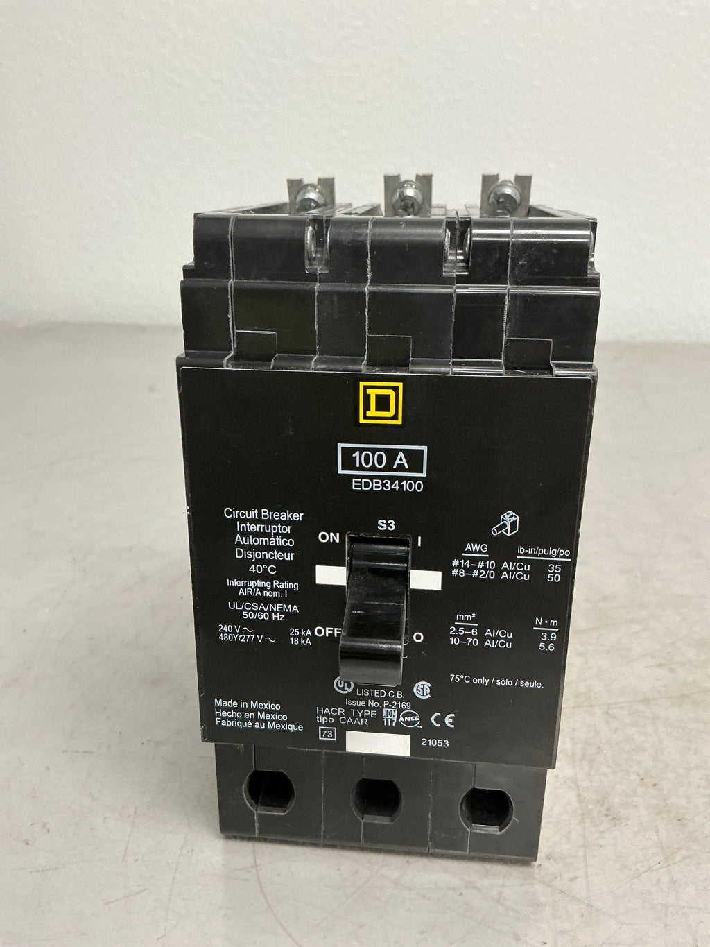 New Square D EDB34100 3 Pole, 100 Amps, 480 Volts