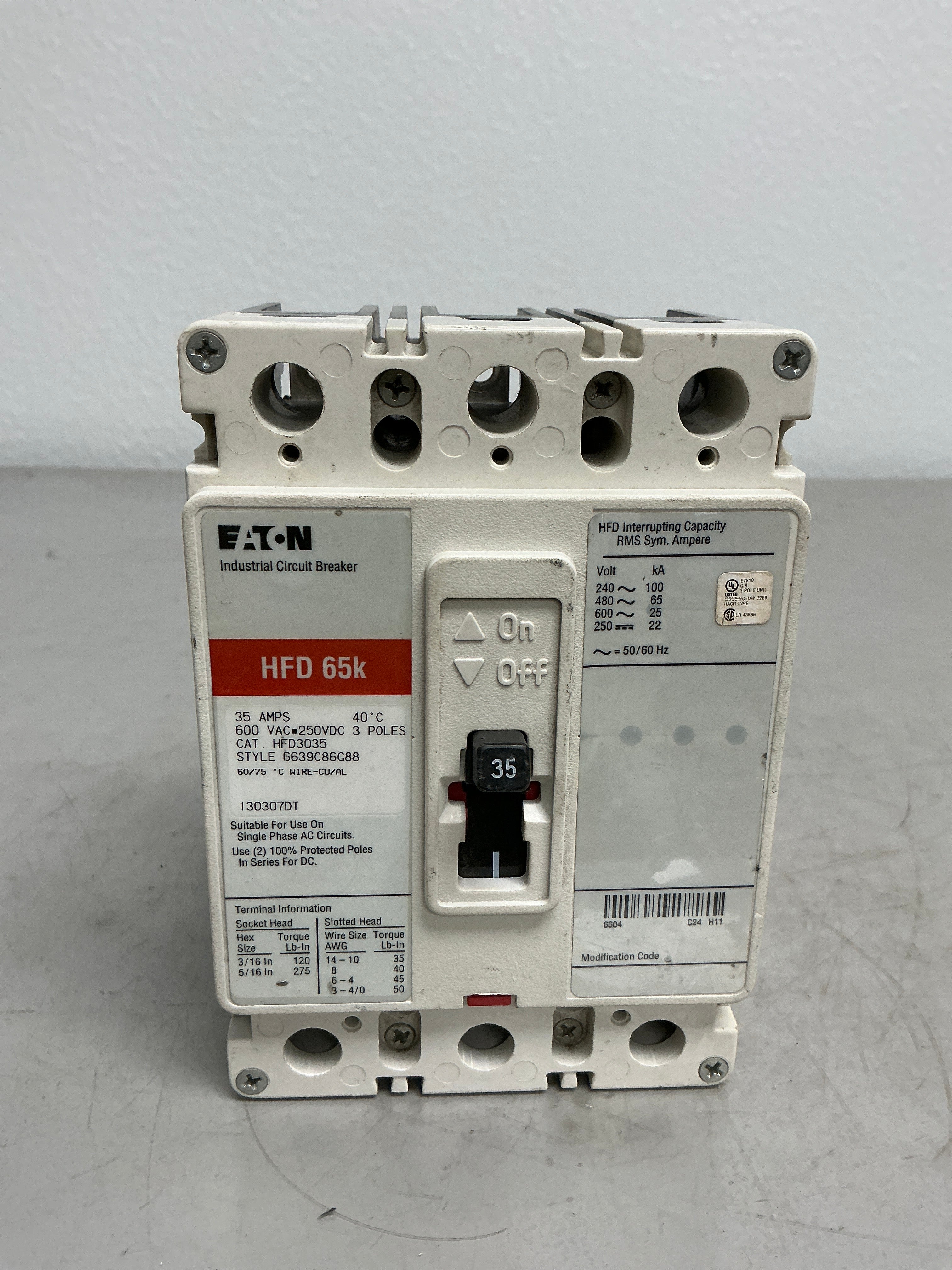 Used Eaton HFD3025 3 Pole, 25 Amps, 480 Volts