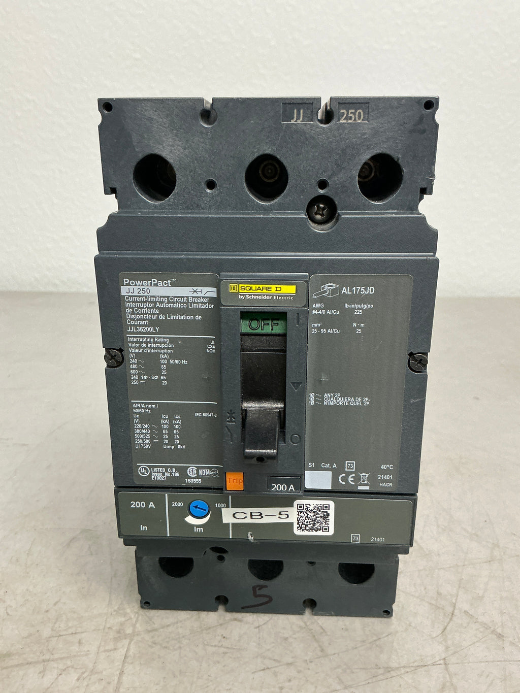 Used Square D JJL36200LY 3 Pole, 200 Amps, 600 Volts Circuit Breaker