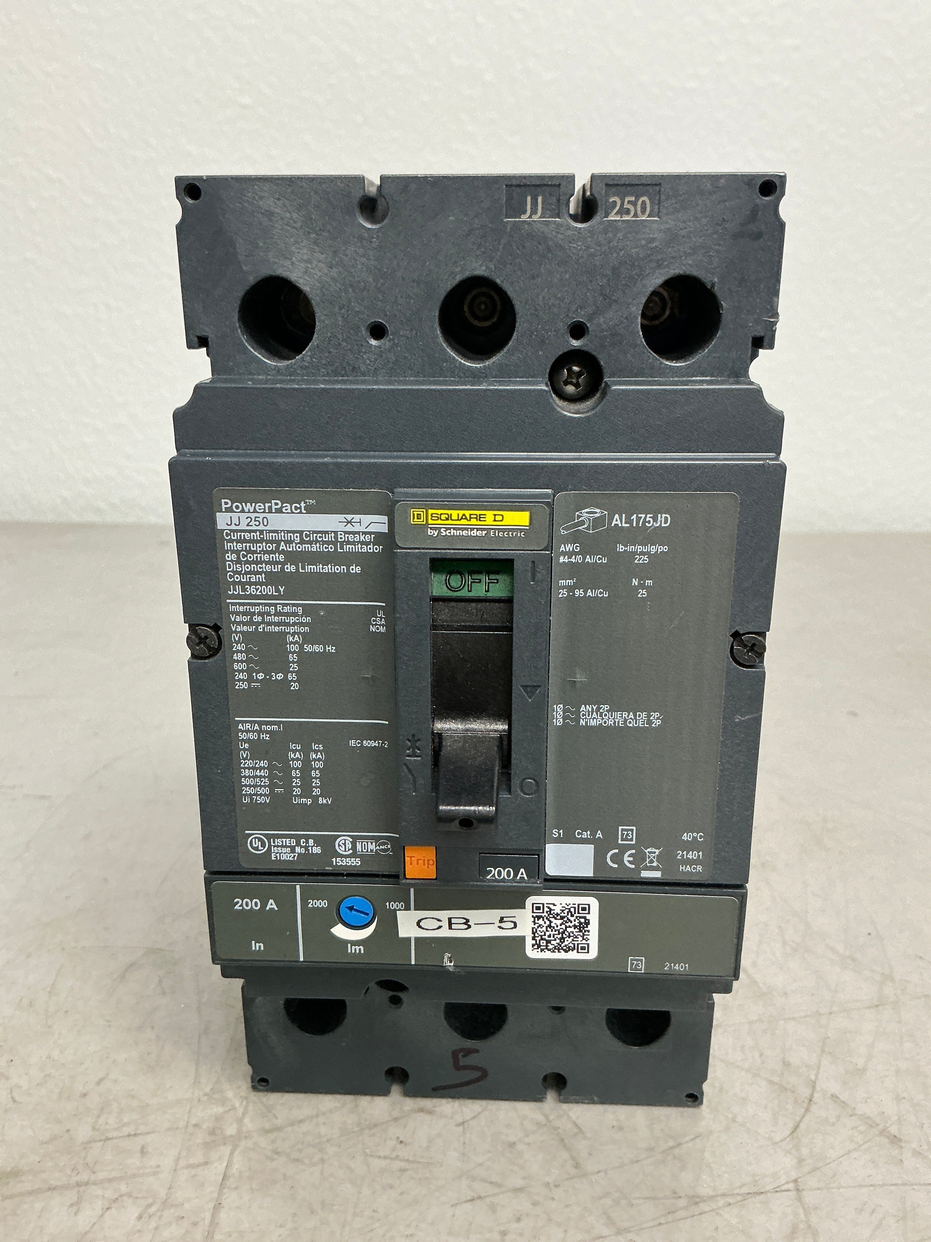 Used Square D JJL36200LY 3 Pole, 200 Amps, 600 Volts Circuit Breaker
