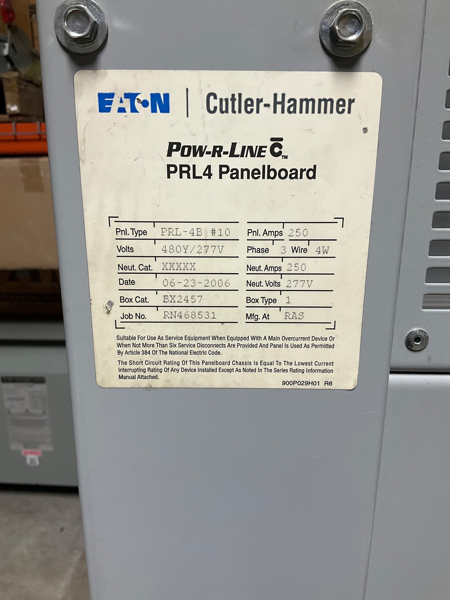 250 Main Distribution Panel PRL-4B 3 Phase 4 Wire 480/277 Volt Nema 1 Indoor