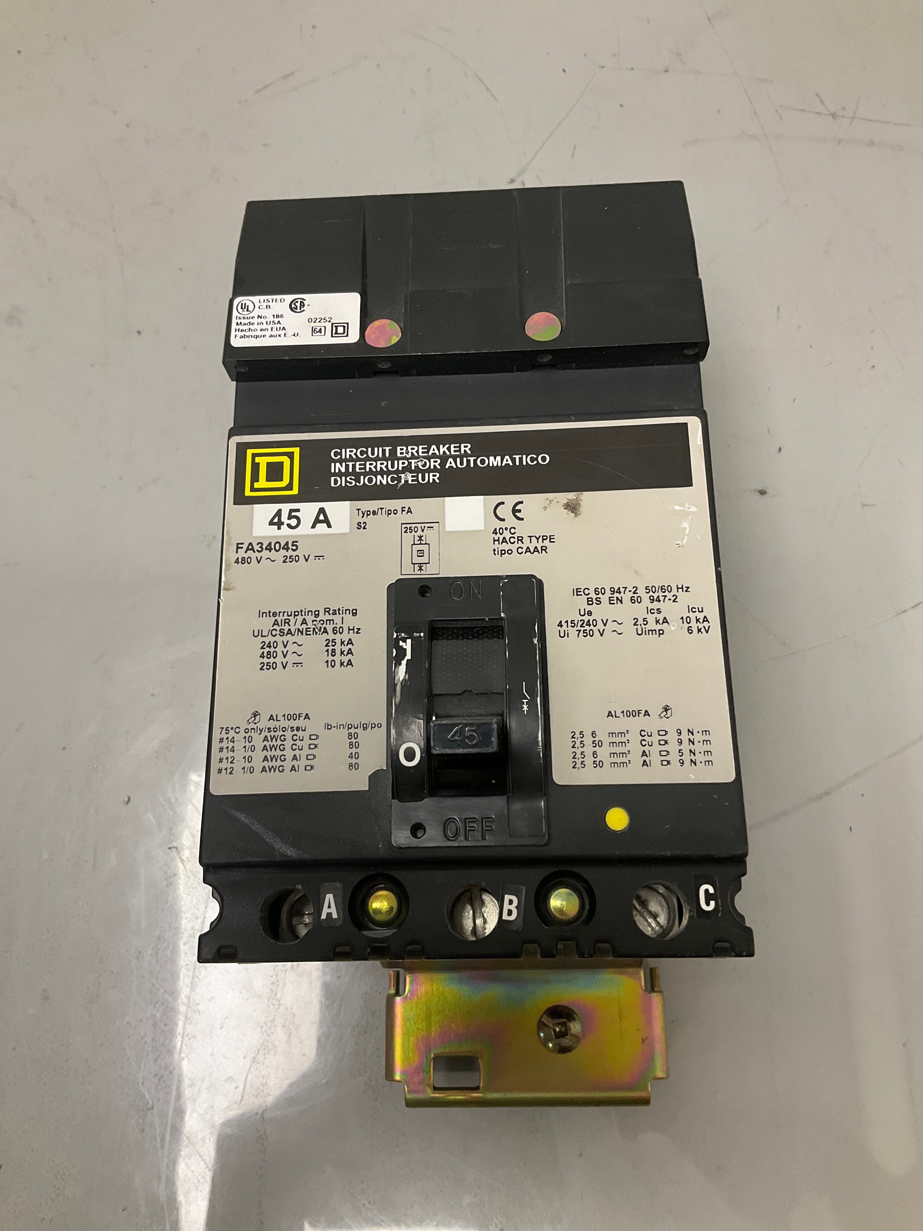 Used Square D FA34045 3 Pole, 46 Amps, 600 Volts Circuit Breaker