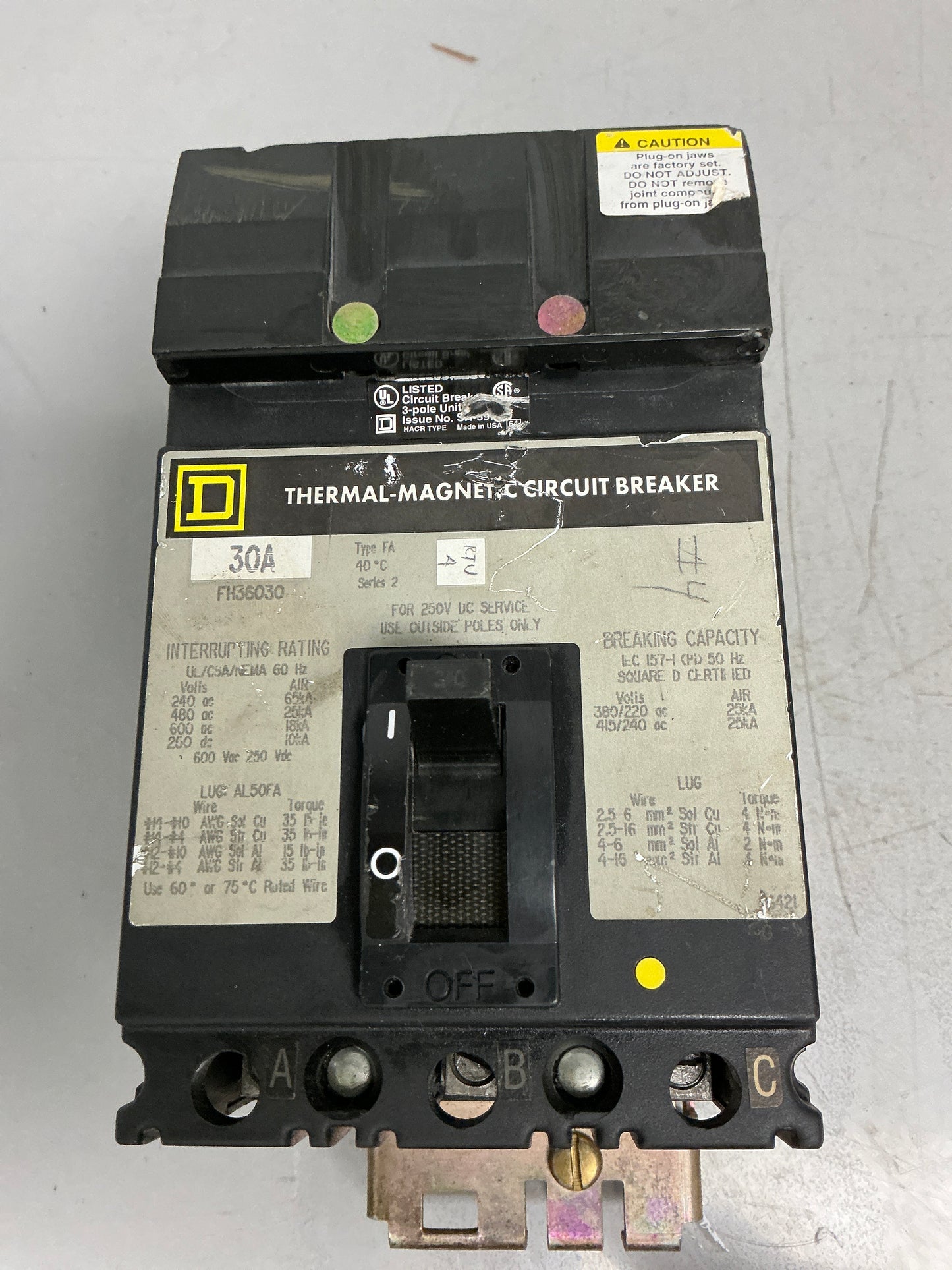 Used Square D FH36030 3 Pole, 30 Amps, 600 Volts