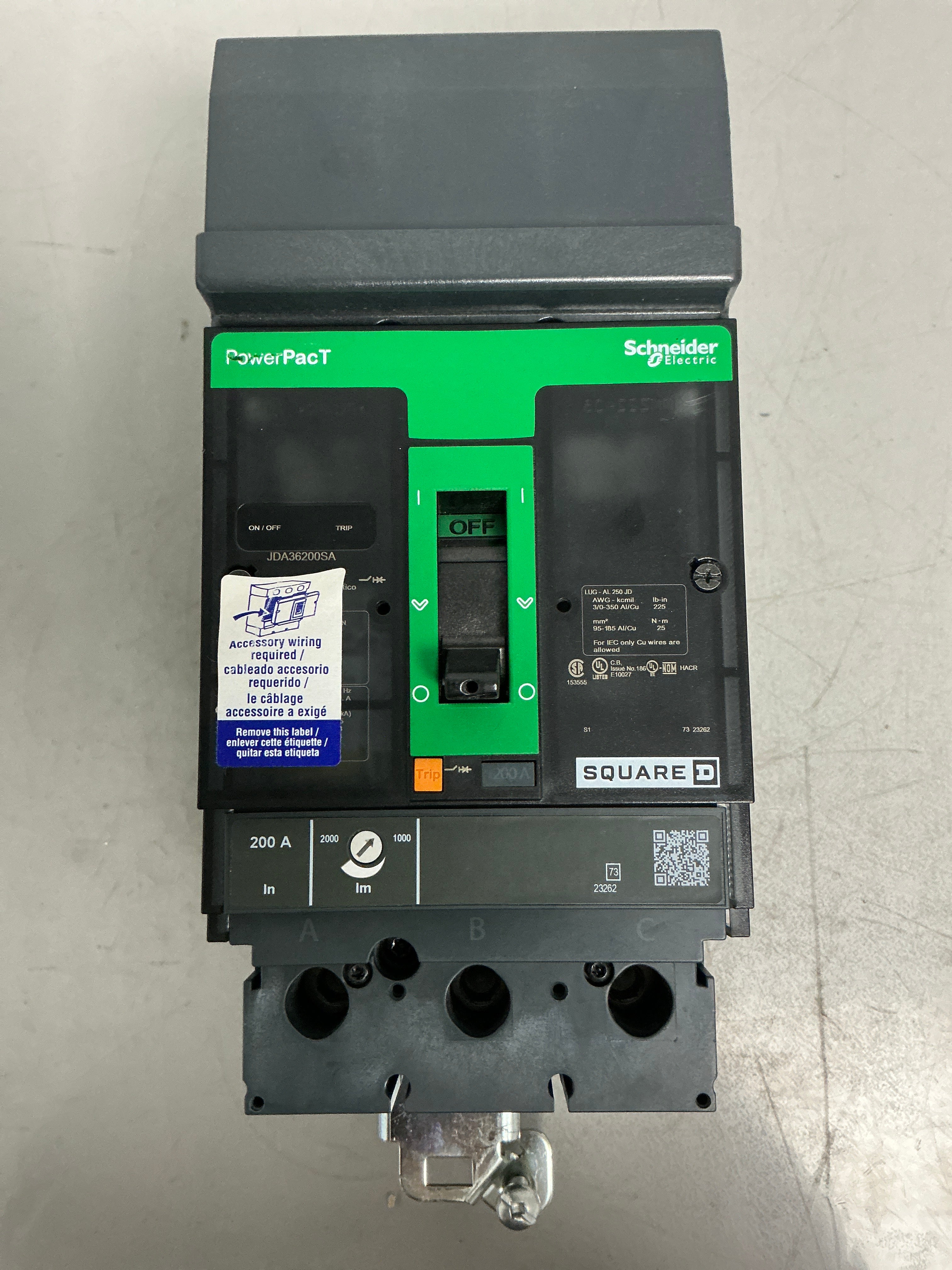 Used Square D JDA36200SA 3 Pole, 200 Amps, 600 Volts Circuit Breaker