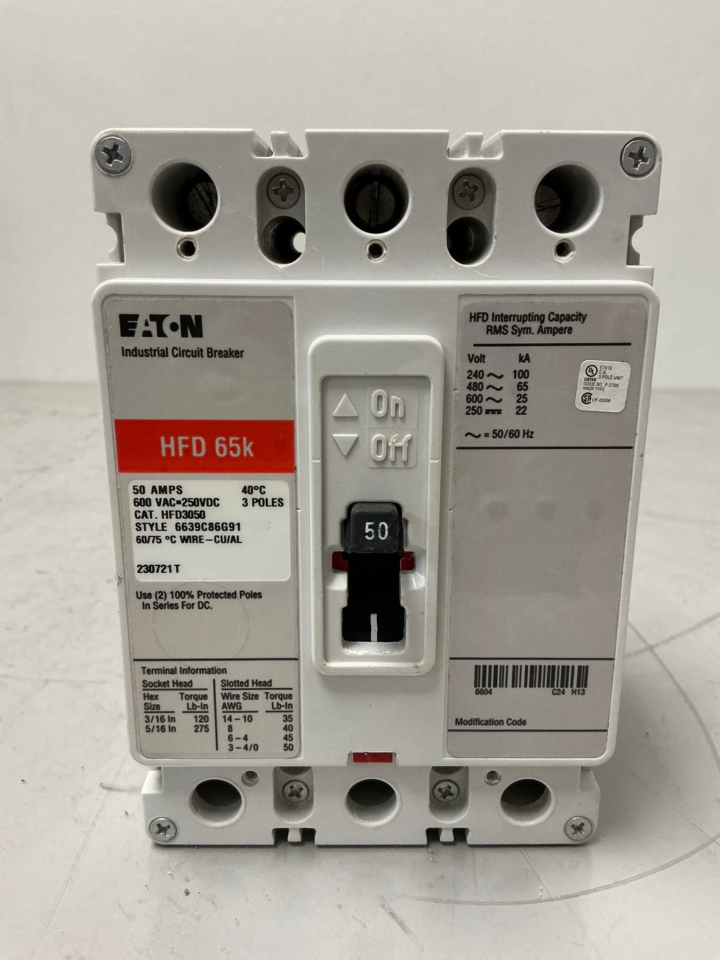 Used Eaton HFD3050 3 Pole, 50 Amps, 600 Volts Circuit Breaker