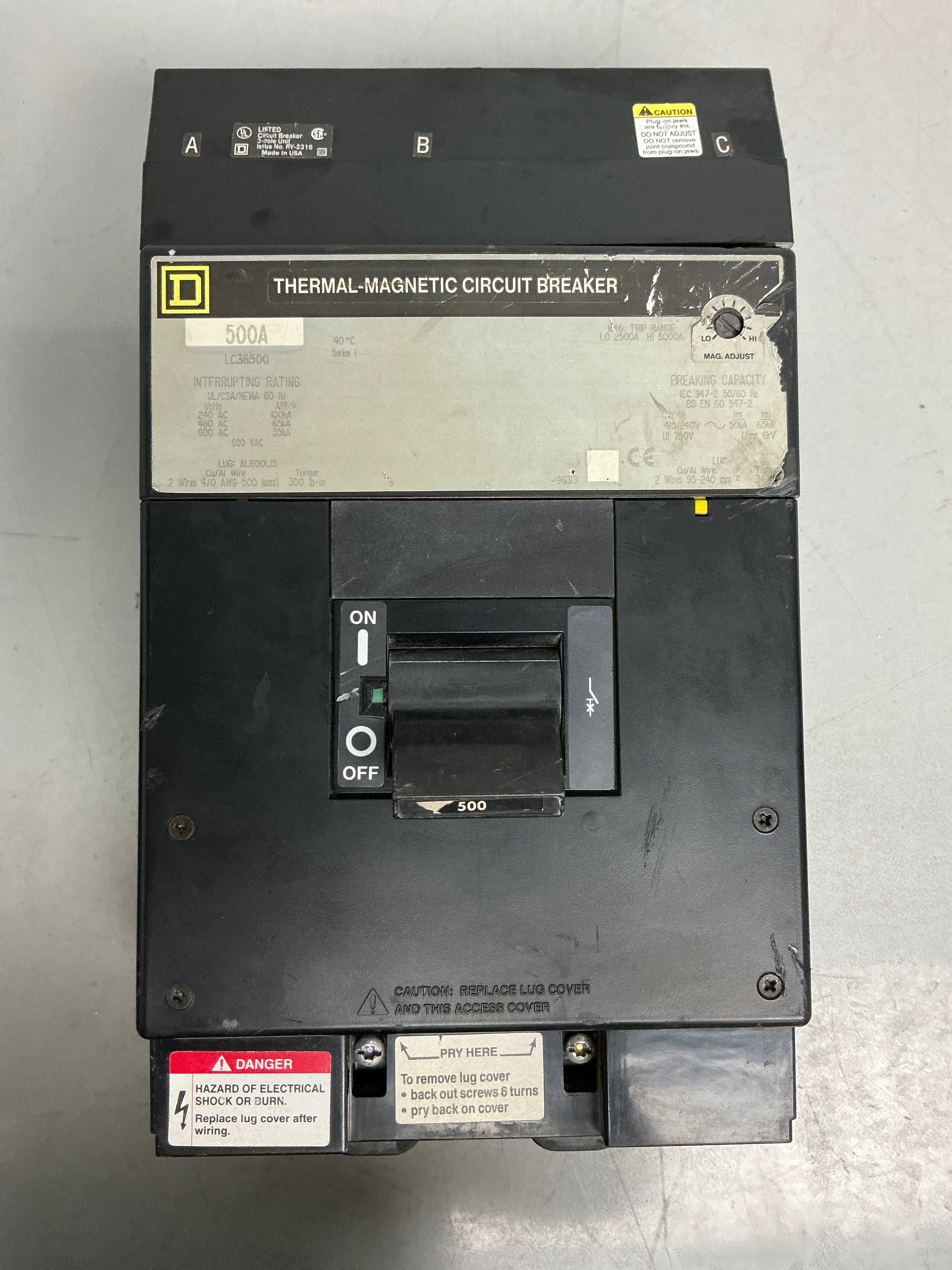 Used Square D LC36500 3 Pole, 500 Amps, 600 Volts Circuit Breaker