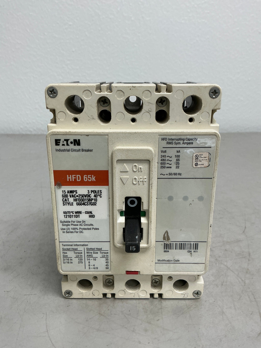 Used Eaton HFD3015BP10 3 Pole, 15 Amps, 480 Volts