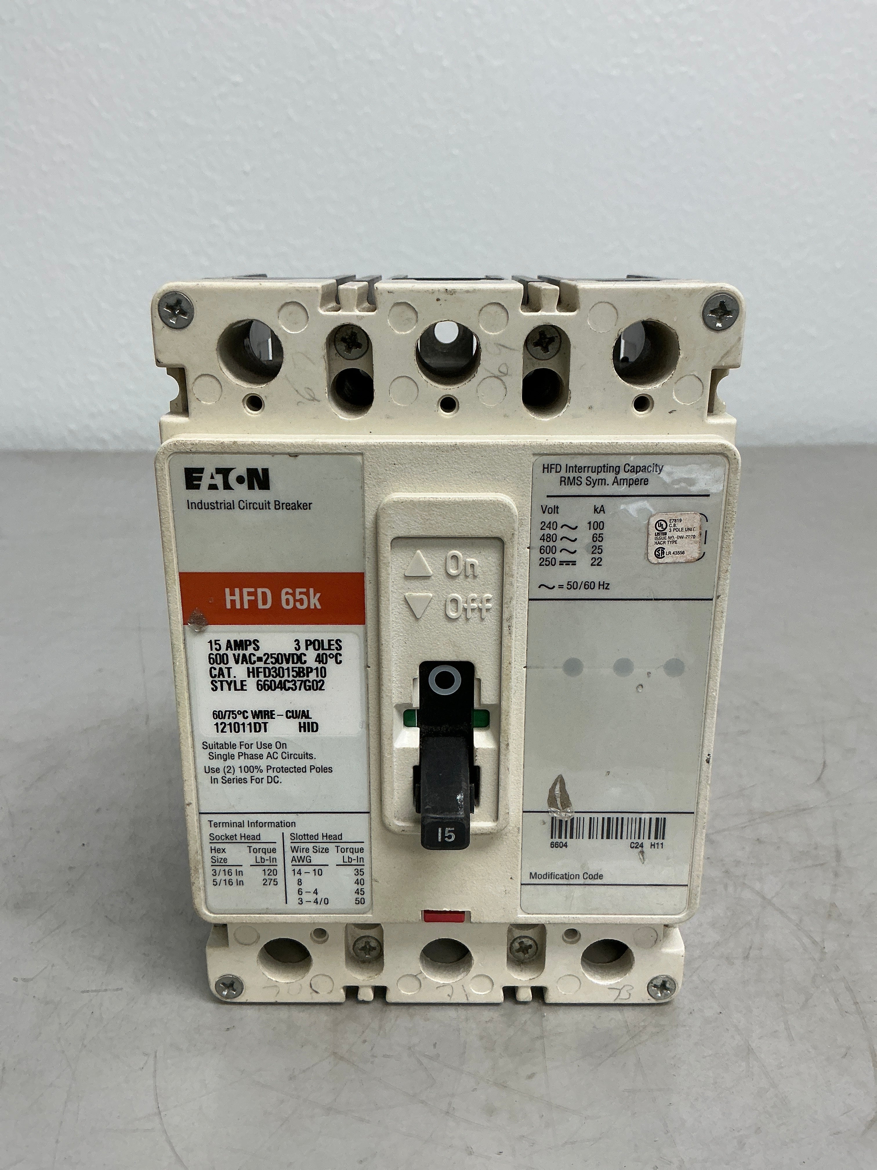 Used Eaton HFD3015BP10 3 Pole, 15 Amps, 480 Volts