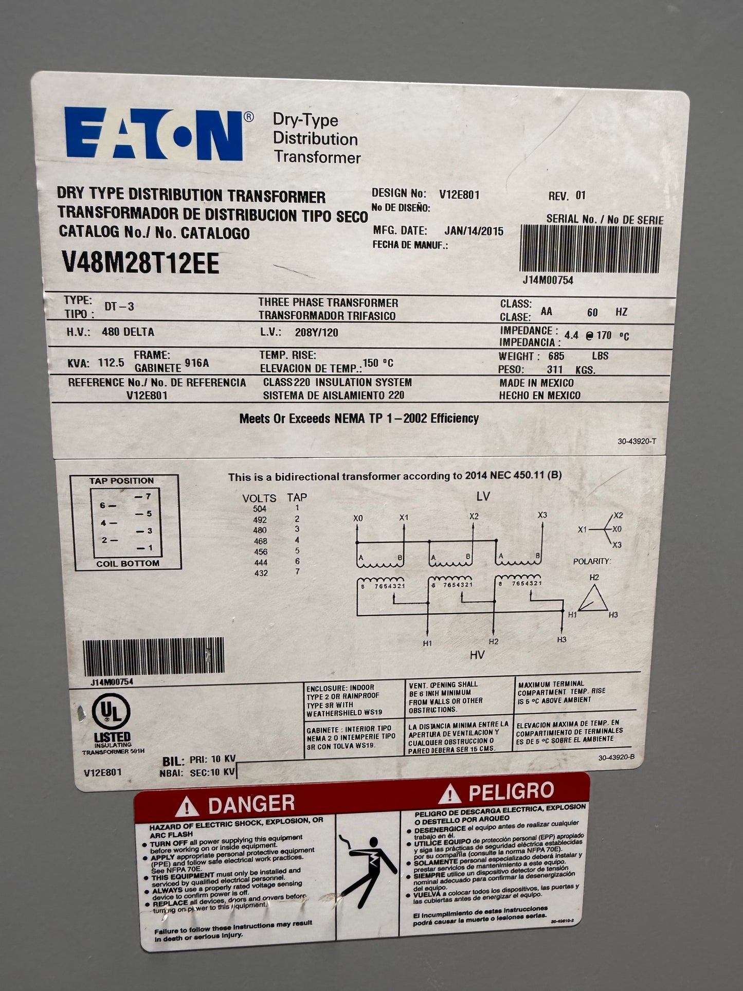 Used, 112.5 KVA Transformer, Primary 480, Seconday 208/120 Volts (item#t14)