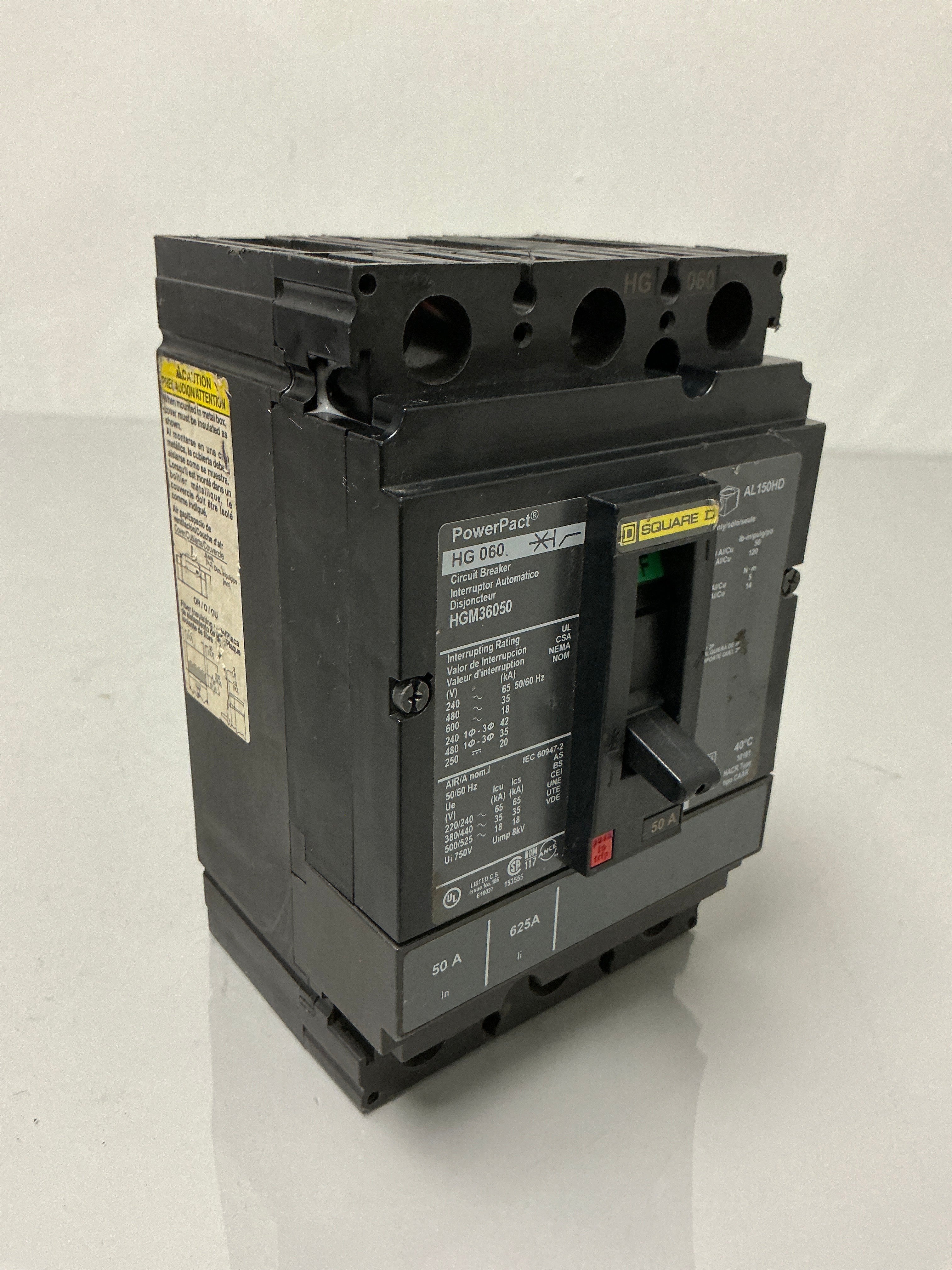 Used Square D HGM36050 3 Pole, 50 Amps, 600 Volts Circuit Breaker