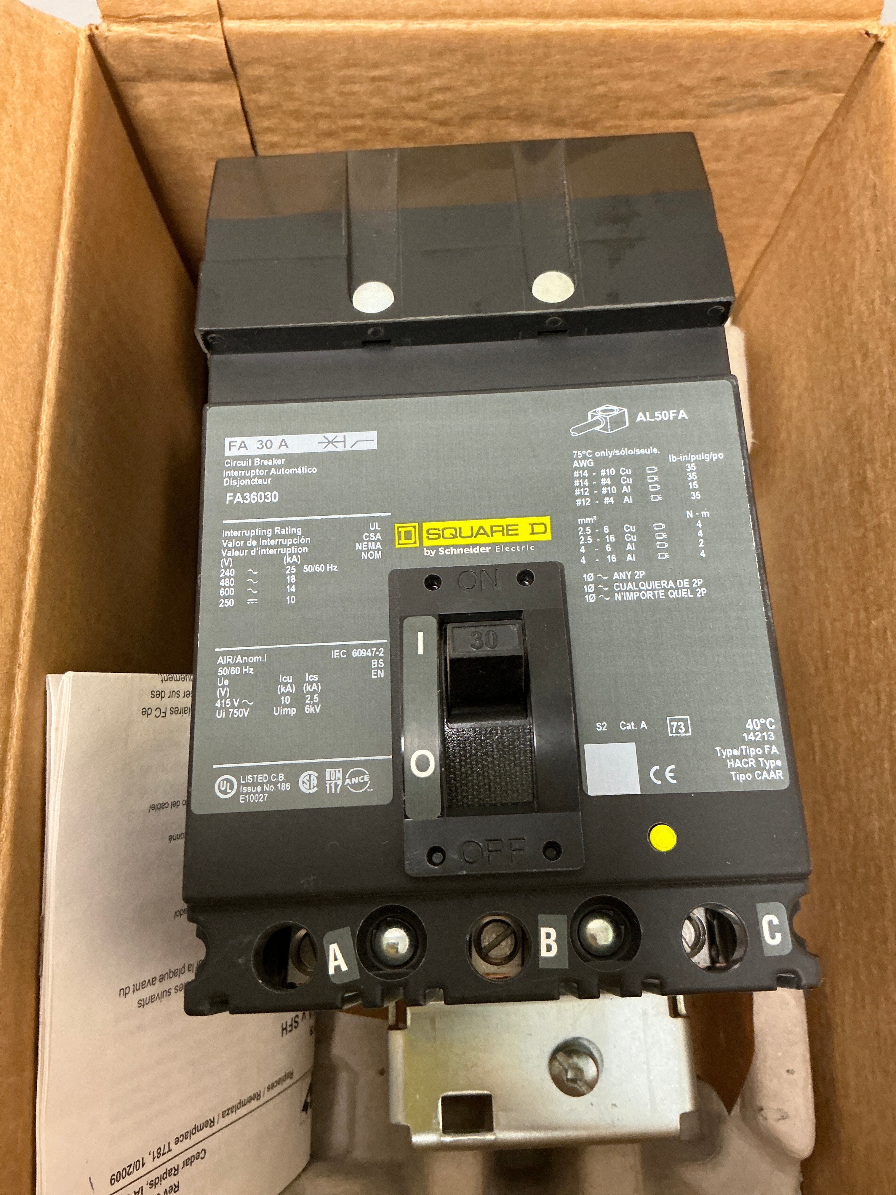 New Square D FA36030 3 Pole, 30 Amps, 600 Volts Circuit Breaker