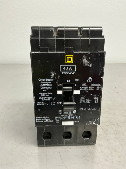 Used Square D EDB34040 3 Pole, 40 Amps, 480 Volts