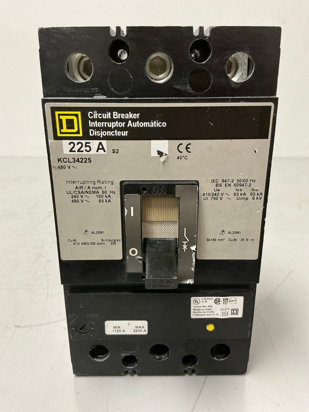 Used Square D KCL34225 3 Pole, 225 Amps, 480 Volts Circuit Breaker