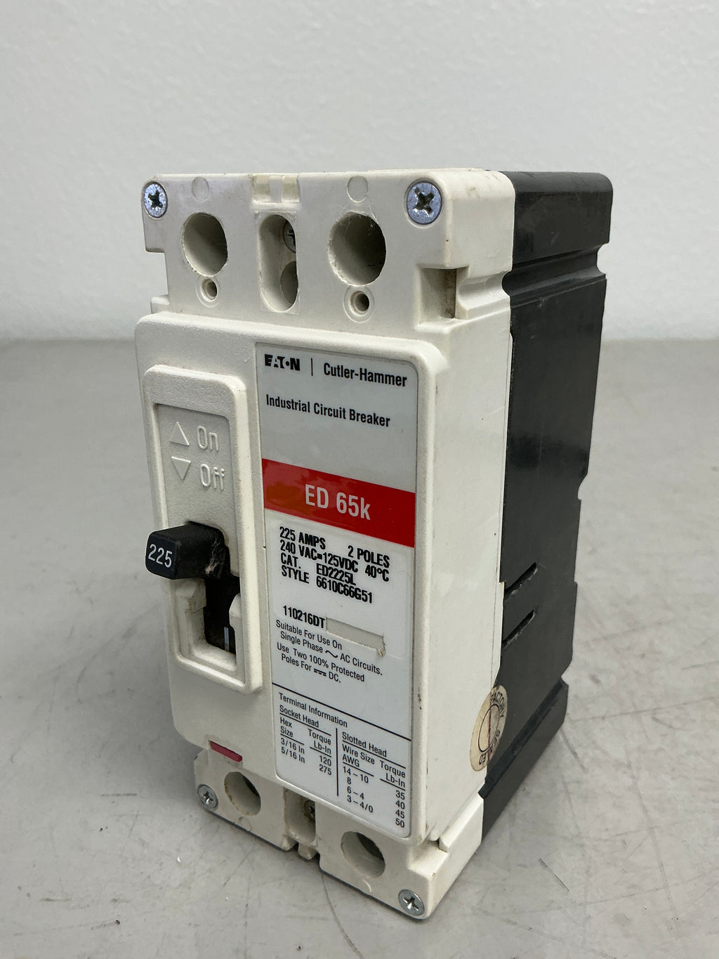 Used Eaton ED2225L 2 Poles, 225 Amps, 240 Volts
